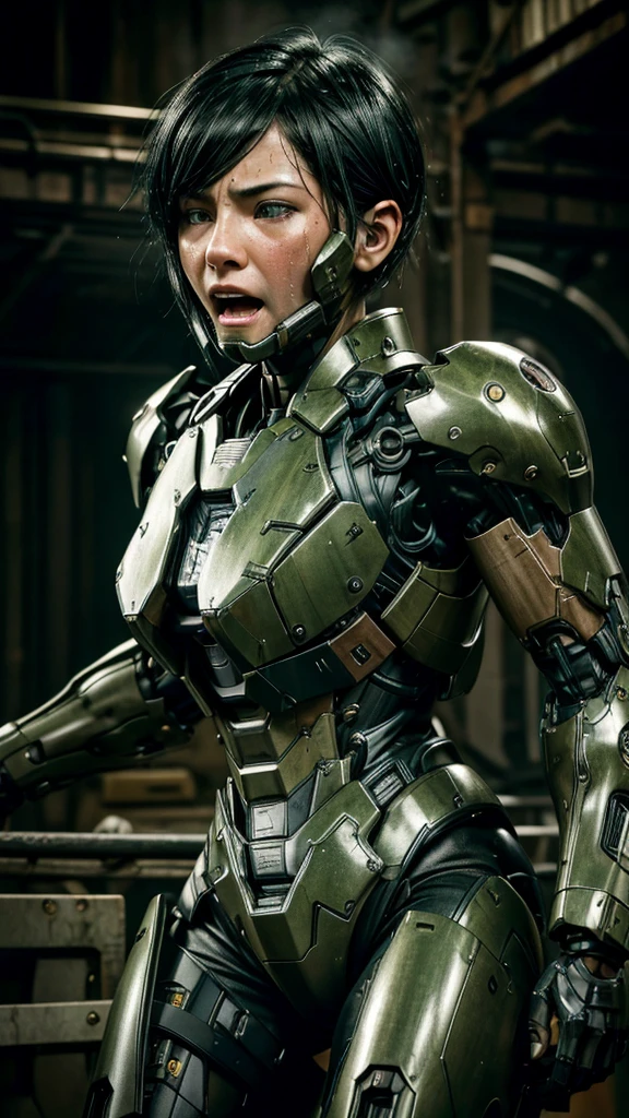 Textured skin, Very detailed, Attention to detail, high quality, 最high quality, High resolution, 1080P, hard disk, beautiful,(War Machine),beautifulサイボーグ女性,Mecha Cyborg Girl,Battle Mode,Girl with a mechanical body Black Hair Short Hair Boyish Dark green armor Sweaty and wet face Change is over Met Off Steam coming out of the head Steam coming out of the whole body Painful expression Please open your mouth wide Snug-fitting headgear Black inner suit Full body portrait from the front
