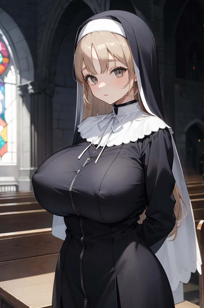 aasister, long hair, nun, habit, white capelet, neck ribbon, (black dress:1.2), long sleeves, white gloves, full-length zipper,(((huge breasts))),expressionless,,arms behind back,upper body,erect nipple,(((dark room))),church,looking viewer