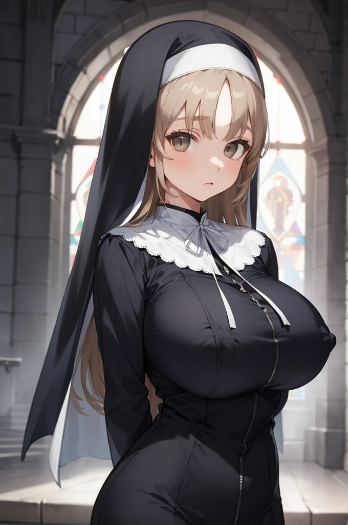aasister, long hair, nun, habit, white capelet, neck ribbon, (black dress:1.2), long sleeves, white gloves, full-length zipper,(((huge breasts))),expressionless,,arms behind back,upper body,erect nipple,(((dark room))),church,looking viewer