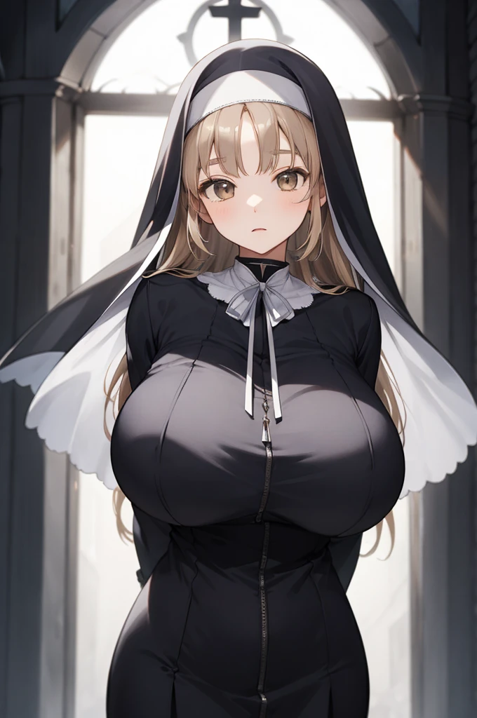 aasister, long hair, nun, habit, white capelet, neck ribbon, (black dress:1.2), long sleeves, white gloves, full-length zipper,(((huge breasts))),expressionless,,arms behind back,upper body,erect nipple,(((dark room))),church,looking viewer
