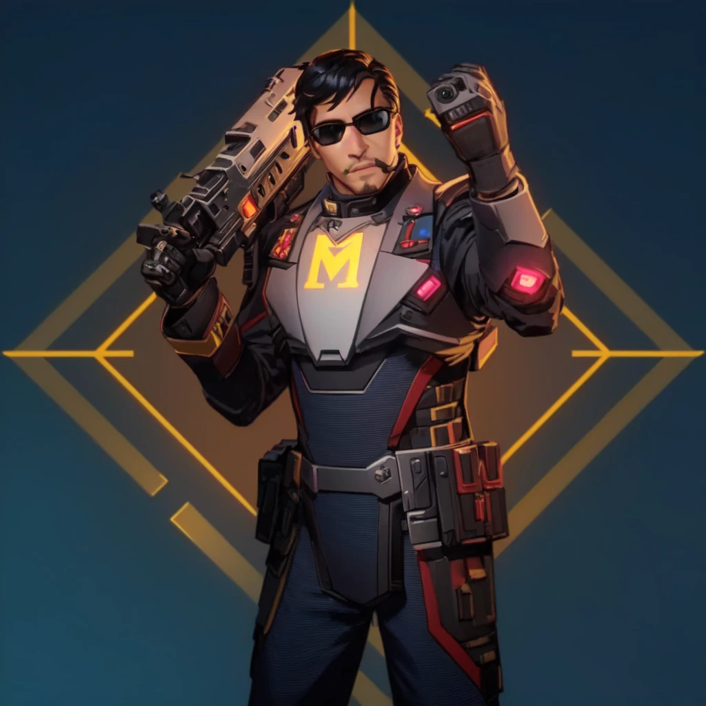 a man in a futuristic suit holding a gun, He has black glasses and on his chest he has the letter M, Bill Gates en Overwatch, as supervisory character, anime character, omen from valorant, thertrevkaiser, supervisory winston, Haris Nukem, in the style of apex legends, Markiplier, as anime character, valorant jett, as a Fortnite character