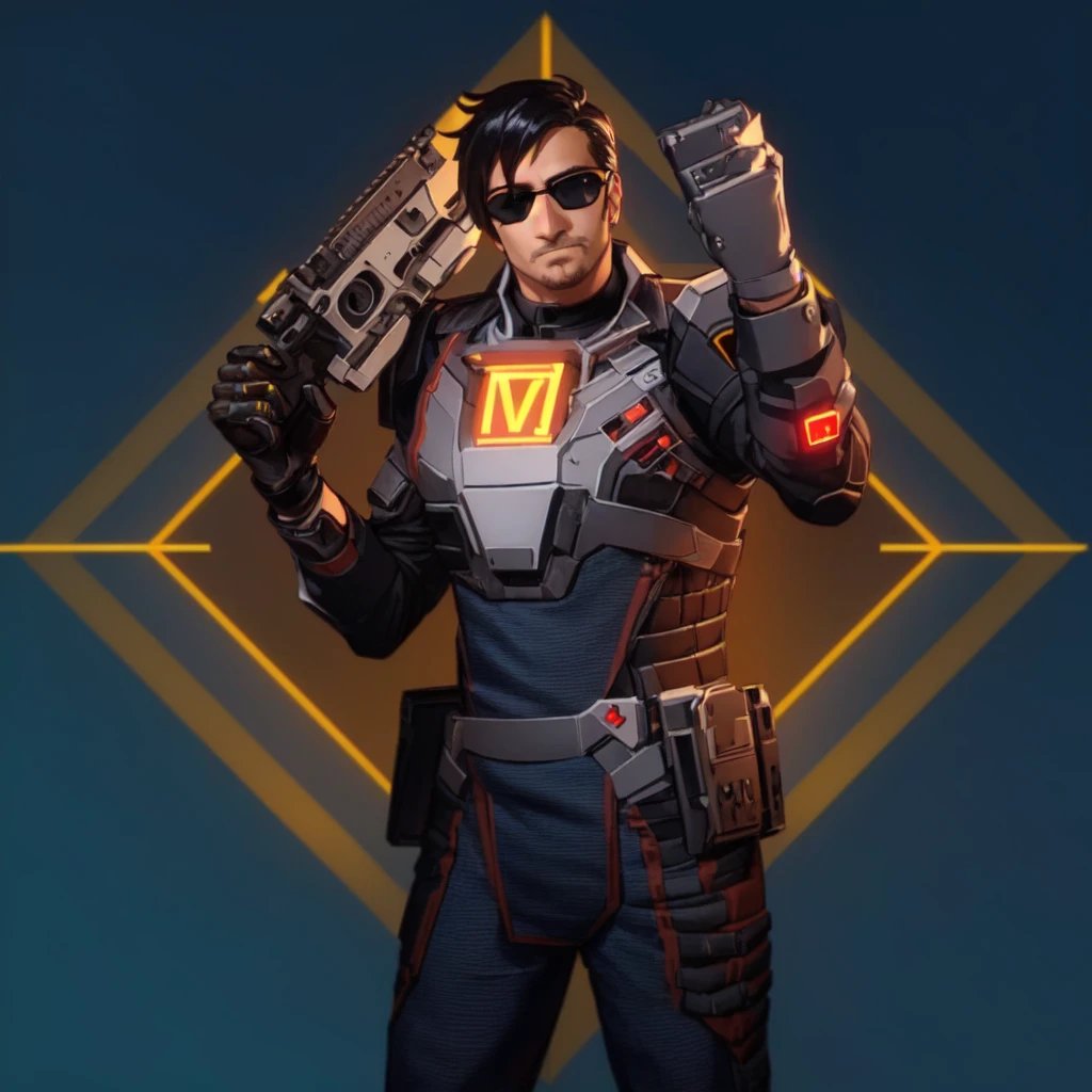 a man in a futuristic suit holding a gun, He has black glasses and on his chest he has the letter M, Bill Gates en Overwatch, as supervisory character, anime character, omen from valorant, thertrevkaiser, supervisory winston, Haris Nukem, in the style of apex legends, Markiplier, as anime character, valorant jett, as a Fortnite character