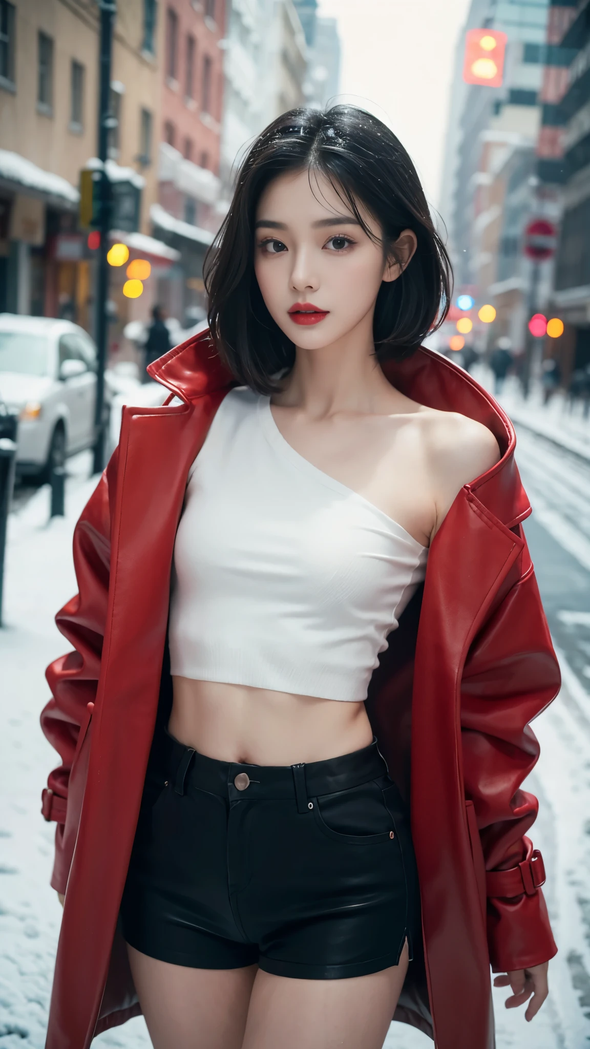 best quality, 4K, 8K, Delicate face, Clear face, pretty girl, Korean Makeup, Red lips, lol, Perfect body,Shoulder-length black short straight hair,Small Breasts,thigh,Slim,Thin, The girl wore a long and wide coat, Under the jacket is a top tube and tight shorts, Lower abdomen, Snow Scene, winter, street,