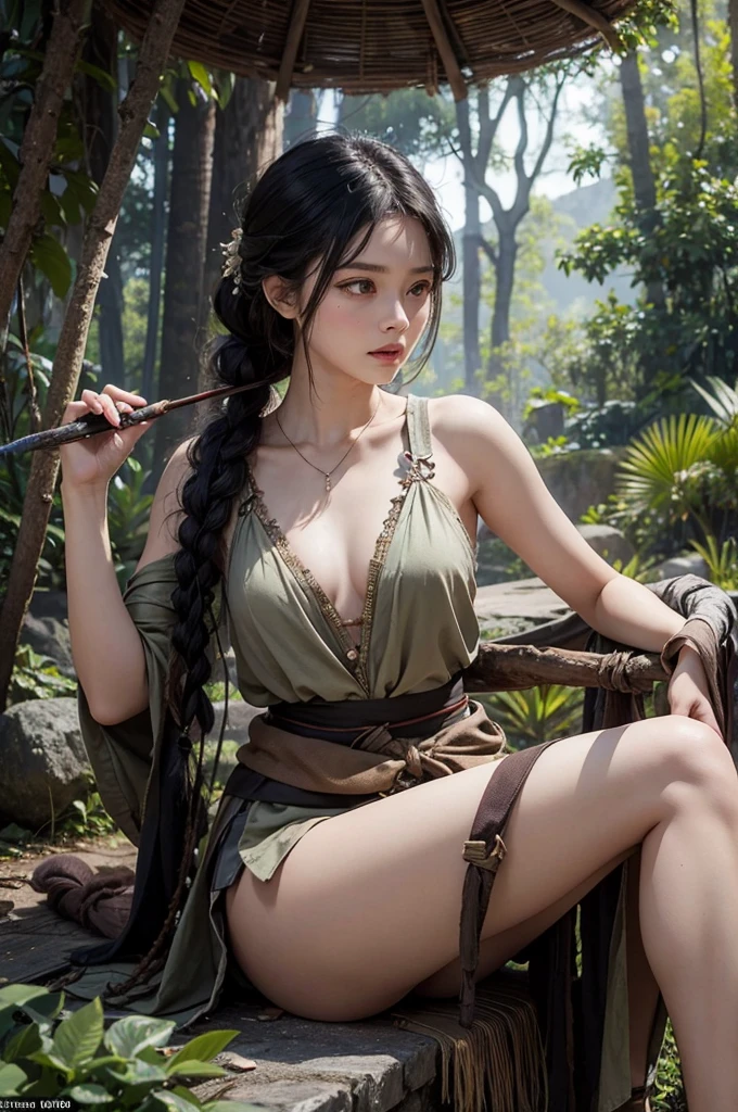 Best image quality, threaten, Has a spear, original, Primary forest,, ""Primitive clothing"", woman, Black Hair, Tying up hair, paint