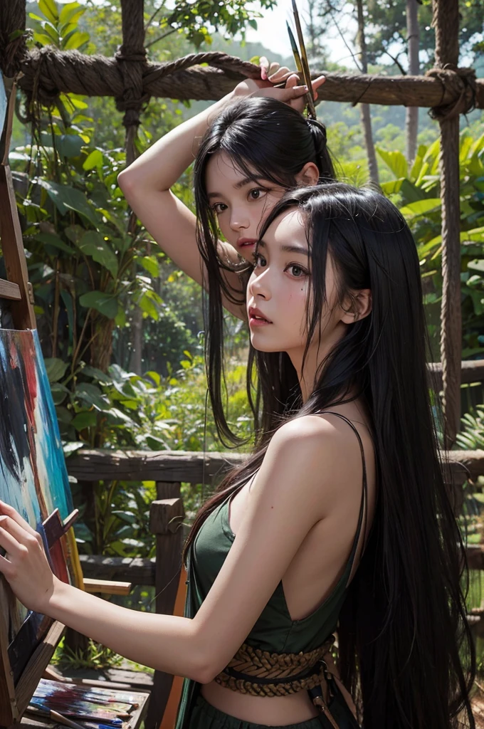 Best image quality, threaten, Has a spear, original, Primary forest,, ""Primitive clothing"", woman, Black Hair, Tying up hair, paint