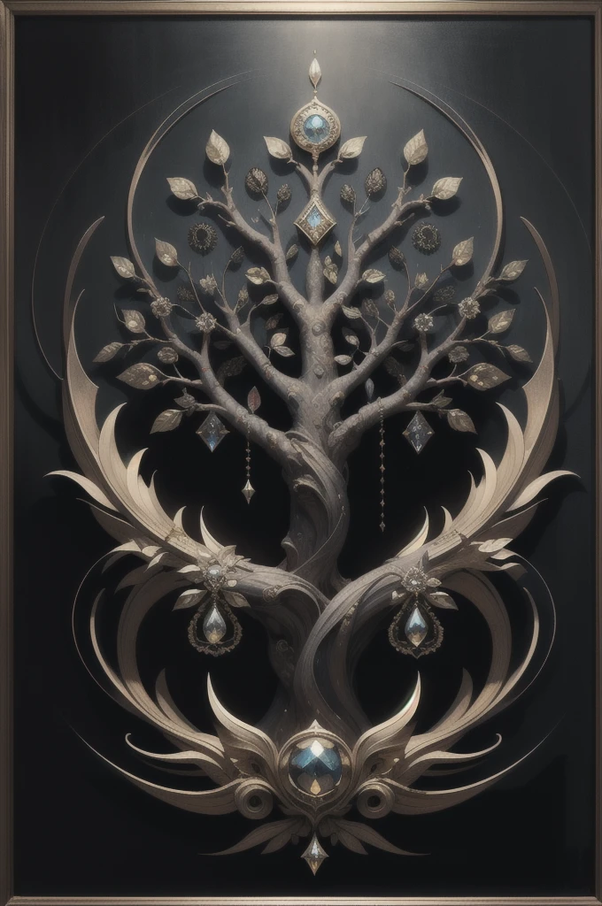 Nordic tree-shaped solitaire，Flat style， abstract artistic，Graphic design，symmetry, Math, Renaissance, Oil painting, 2D canvas, highly detailed, complex, Classic paint, Black monochrome, crystals, opulent, lap, gothic ornament, Graphic design
