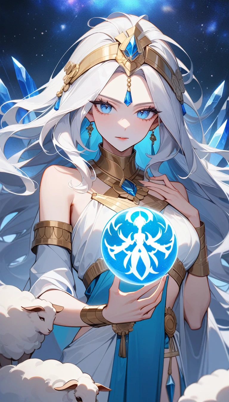 (Huang Li、high quality、Extremely detailed),Zodiac sign- Aries goddess,Giant white sheep,Woman stroking Aries,Similar to Latin goodness,brave,capricious,Productivity,The face of enterprising and humanitarianism,White long hair,Ancient Greek costumes、Wrap Dress,The background is the universe,Crystal blue eyes(Eyes Details),Powerful appearance