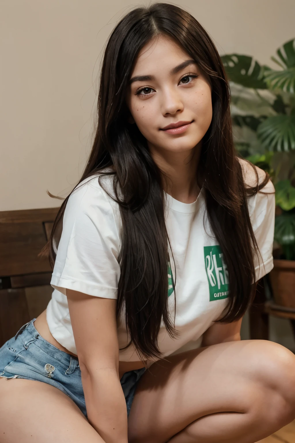 She has an oval face with high cheekbones, a defined jawline is Asian, japanese. His eyes are large and almond, black in color, with long eyelashes and thick, arched eyebrows. His nose is small and straight, and she has full, wide lips. Your hair is short, smooth and black with a green streak on the left side, usually worn loose with a fringe that partially covers the forehead. Her skin is fair with lots of freckles on her nose and rosy cheeks.. She is short in height, with a slim body build and thin waist. She's wearing glasses and she's smiling, dressed in casual clothes shorts and lace t-shirt. She is squatting with her back to the camera focusing on her glutes