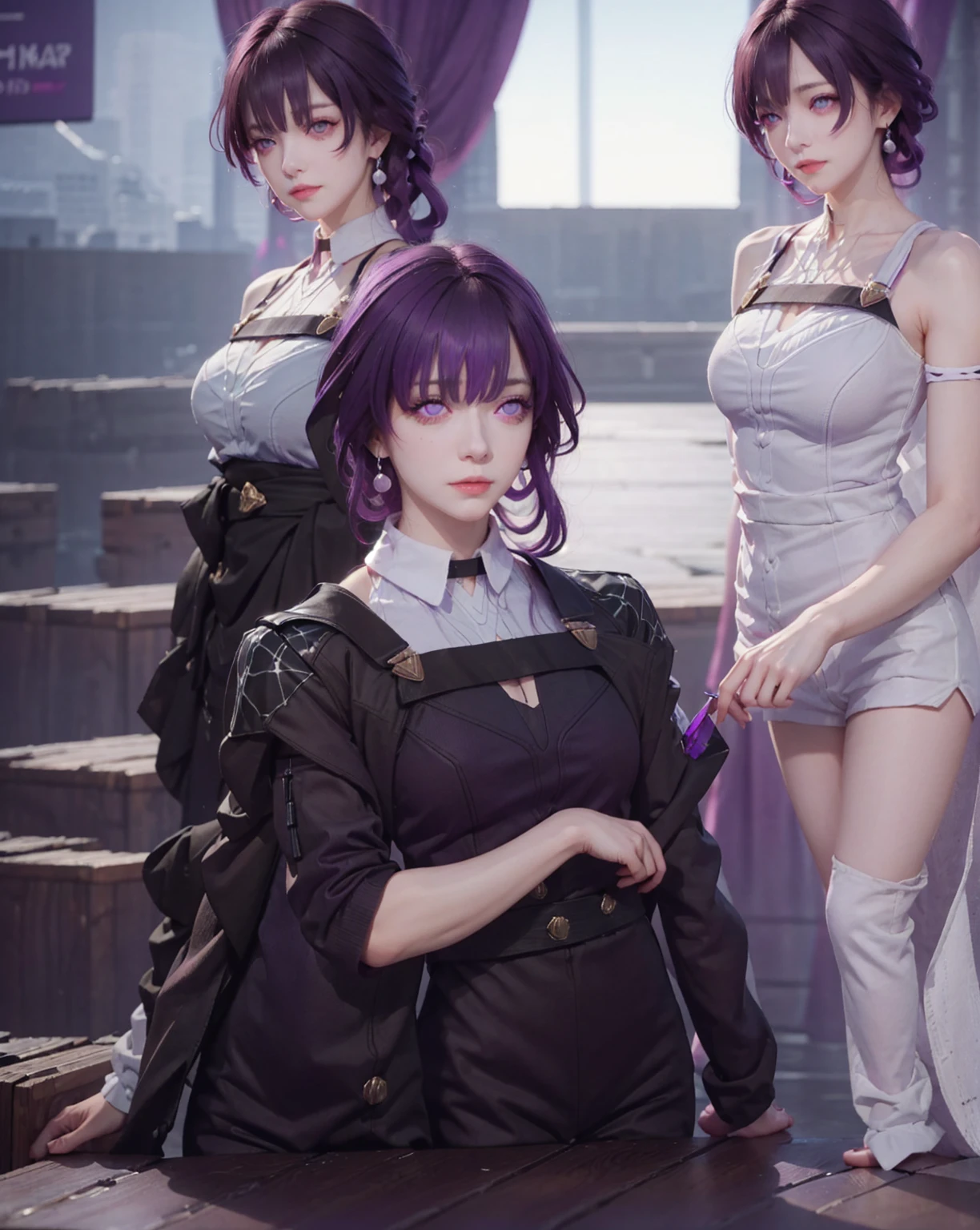 Masterpiece, Best Quality, 1girl, Official, Purple Eyes, Purple Hair, From Bottom, Looking at the Audience, Darkness, (Darkness), Cinematic Light, Edge Light, Delicate Eyes, (pureerosface_v1:0.5), Looking at the Audience, (Realisticity: 1.2), Provocative, Honkai Star Track, Arrogance, Bangs Evil Face, Apocalyptic Background