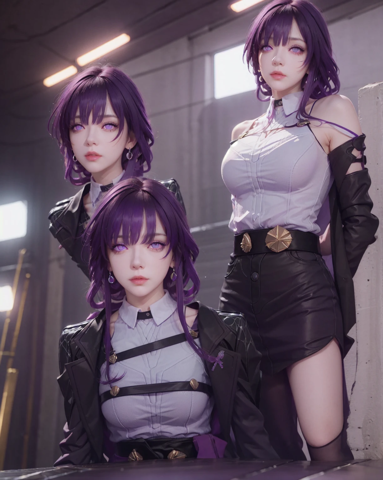 Masterpiece, Best Quality, 1girl, Official, Purple Eyes, Purple Hair, From Bottom, Looking at the Audience, Darkness, (Darkness), Cinematic Light, Edge Light, Delicate Eyes, (pureerosface_v1:0.5), Looking at the Audience, (Realisticity: 1.2), Provocative, Honkai Star Track, Arrogance, Bangs Evil Face, Apocalyptic Background