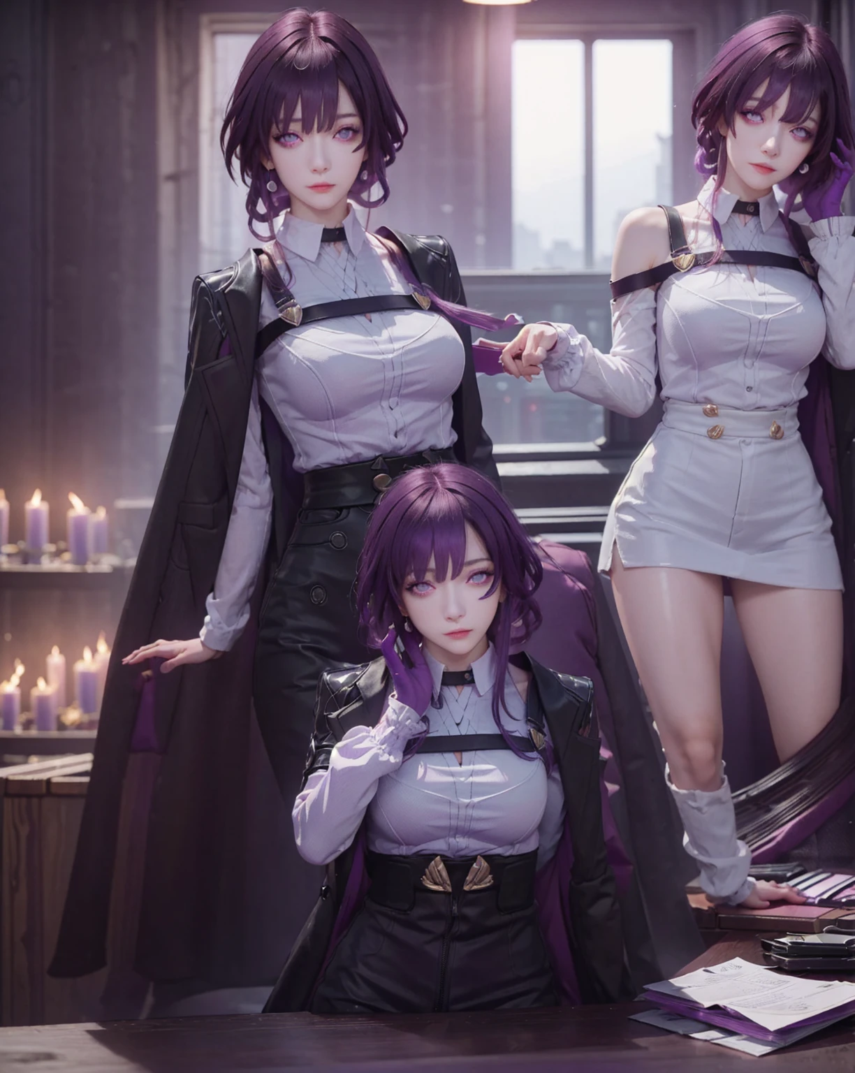 Masterpiece, Best Quality, 1girl, Official, Purple Eyes, Purple Hair, From Bottom, Looking at the Audience, Darkness, (Darkness), Cinematic Light, Edge Light, Delicate Eyes, (pureerosface_v1:0.5), Looking at the Audience, (Realisticity: 1.2), Provocative, Honkai Star Track, Arrogance, Bangs Evil Face, Apocalyptic Background