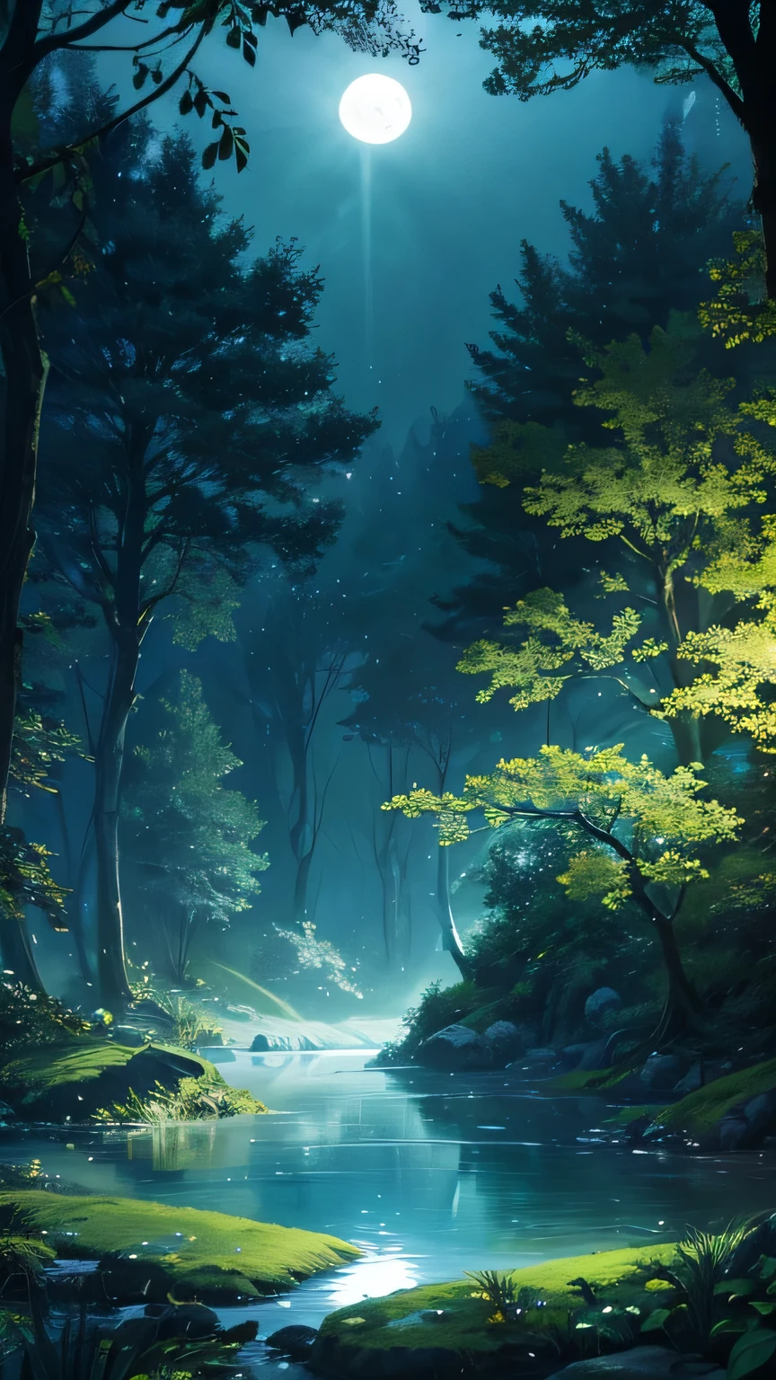 Deep in the mysterious forest, Where the fairies sleep, The moonlit scene unfolds. Moon's ethereal glow spills through the canopy, Casting a brilliant light on the calm waters below, A place where the mysterious moon&#39;s reflections are mesmerizing. This captivating image, Whether it&#39;s a painting, photograph, or other media, It invites the audience into a world full of fascination and wonder.. Moon, Adorned with majestic and otherworldly presence, Looks very large, Evoke a sense of grandeur and fantasy. composition, Rich detail and vibrant colors, Immerse your audience in this exquisite depiction of a surreal and magical world。.