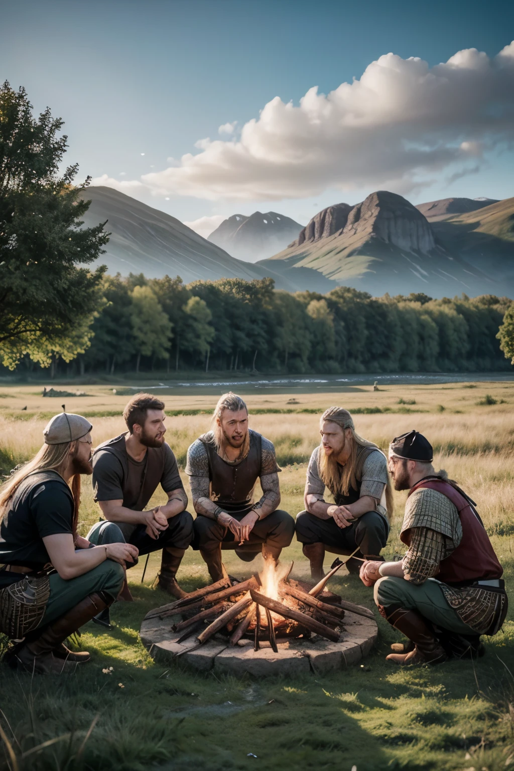 A group of 5 Vikings in a field with a stream roasting meat next to a sign where the word consortiland is read in a realistic tone