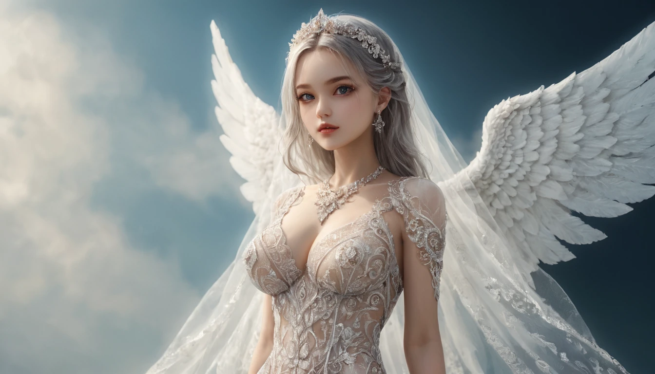 Woman in transparent dress,Viewer,(((Full breasts, Keeley University))),Slim waist,(Navel exposed,Bare waist), Long hair, extreme detailed details, Detailed fantasy art, Stunning character art, Beautiful and exquisite character art, Beautiful transparent dress, Very detailed, Girl wearing flowing Hanfu, Exquisite headpieces and jewellery,Crystal jewelry filigree, galaxy, Stunning visuals, (Dynamic Stripes, light rail:1.2), Vibrant colors,Long hair动漫女孩和狐狸, 美丽的白金色Angel女士, 白毛Angel, Beautiful character painting, Beautiful anime portrait, Angel翅膀的女孩, a beautiful Angel woman, Mystical artwork, Guweiz, by Ren Renfa, Angel, Large Breasts，Full breasts，Golden ratio figure，Perfect body，Ultra wide-angle shooting，Full body shot，Body close-up，Full body shot，Wearing a pleated tulle skirt，Soft anime illustration, Soft dark background，Fujifilm XT3 Clear focus, f 5.6, High Detail, Clear focus, Dramatic, (Wearing openwork clothing), (Looking at the audience:1.8), (Natural light), (Tempting)translucent, Good velvet quality, Compared, Divine Light,, Silver gray hair, Sky background, Absolute Strength,女性Angel，Girl in sexy silk,，Large Breasts，Full breasts，Golden ratio figure，Perfect body，Ultra wide-angle shooting，Full body shot，Body close-up，Full body shot， Wearing a tulle dress, Model shooting style, Large Breasts，Full breasts，Golden ratio figure，Perfect body，(Extremely detailed CG 8k wallpaper unit), The most beautiful artistic photos in the world, , 8K Ultra HD, ) On the big white bed，Lazy gesture，Charming and seductive expression，best quality,masterpiece,Ultra-high resolution,(Practical:1.4),original photo,Ultra-high resolution，White skin，Exquisite makeup，Long legs，Bright beautiful eyes，用深色眼影打造Exquisite makeup，