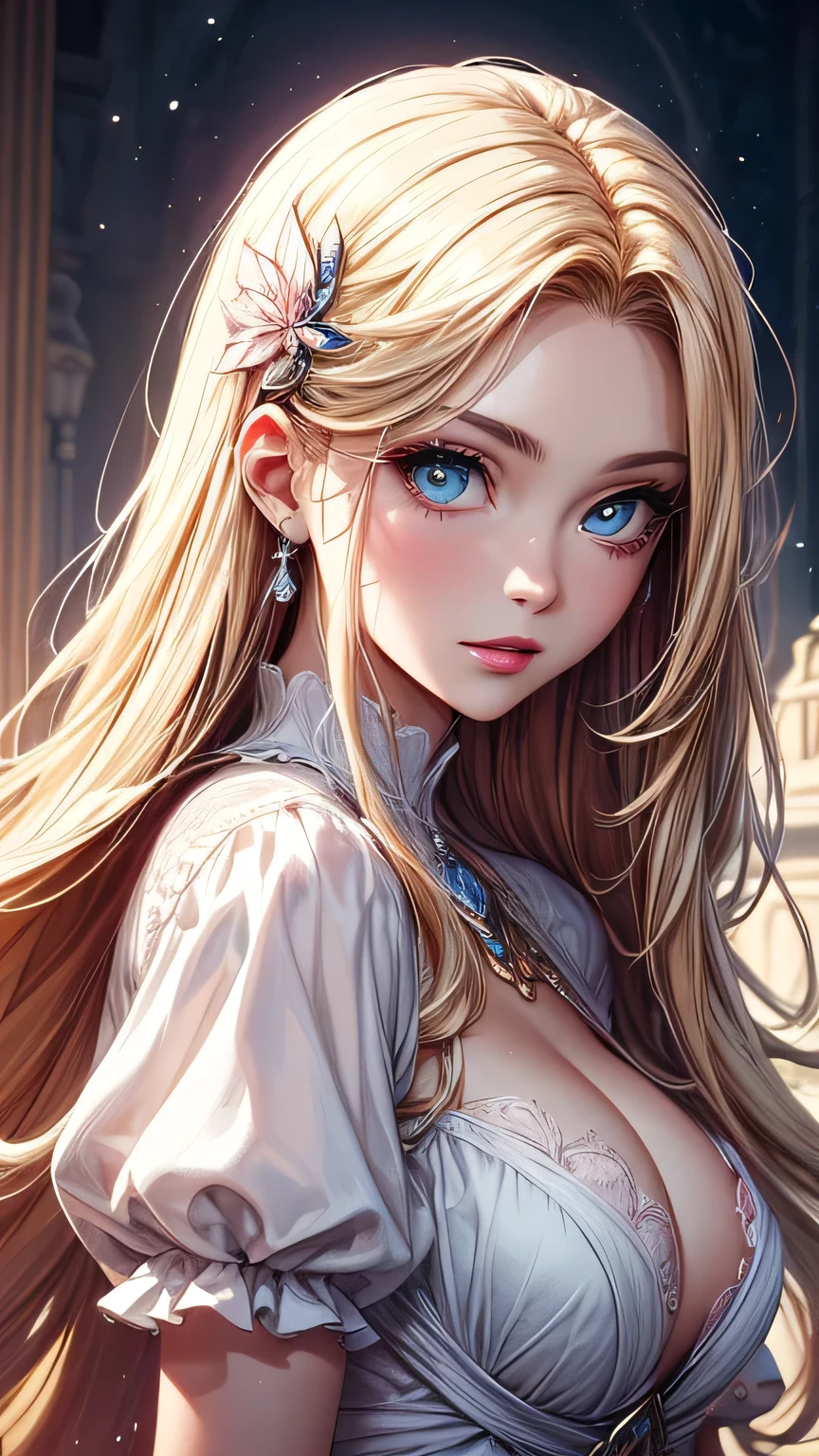 Woman in white dress, artwork in the style of Gwaiz, Gwaiz on pixiv artstation, Gwaiz on artstation pixiv, Gwaiz, Fantasy art style, Gwaiz masterpiece,  (Very delicate and beautiful face), (Beautiful eyes in every detail), Beautiful and elegant queen, Beautiful character drawings, Detailed digital anime art, Blonde Princess, Sky blue eyes, Pink Lips