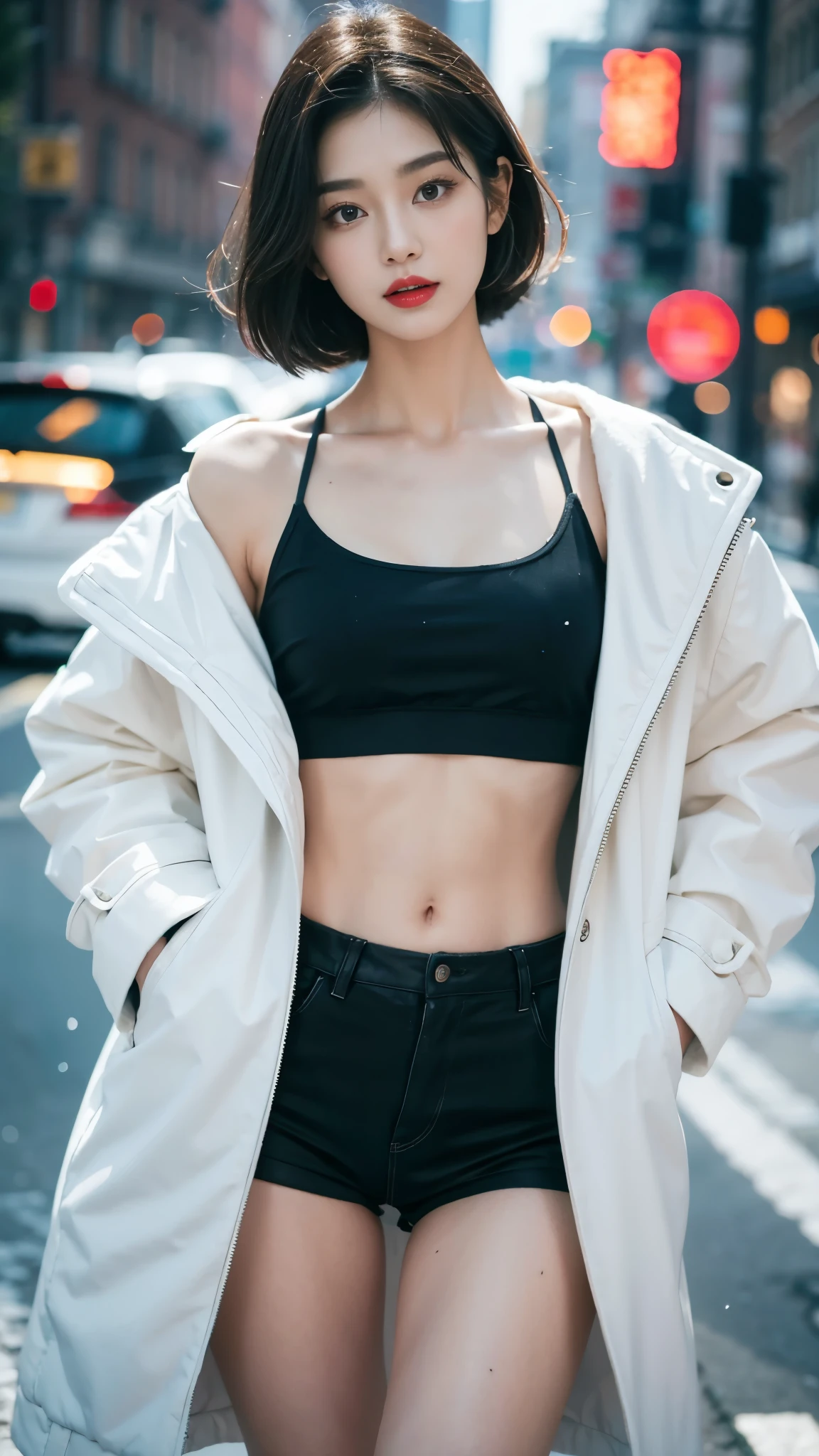 best quality, 4K, 8K, Delicate face, Clear face, pretty girl, Korean Makeup, Red lips, lol, Perfect body,Shoulder-length black short straight hair,Small Breasts,thigh,Slim,Thin, The girl wore a long and wide coat, Under the jacket is a top tube and tight shorts, Lower abdomen, Snow Scene, winter, street,