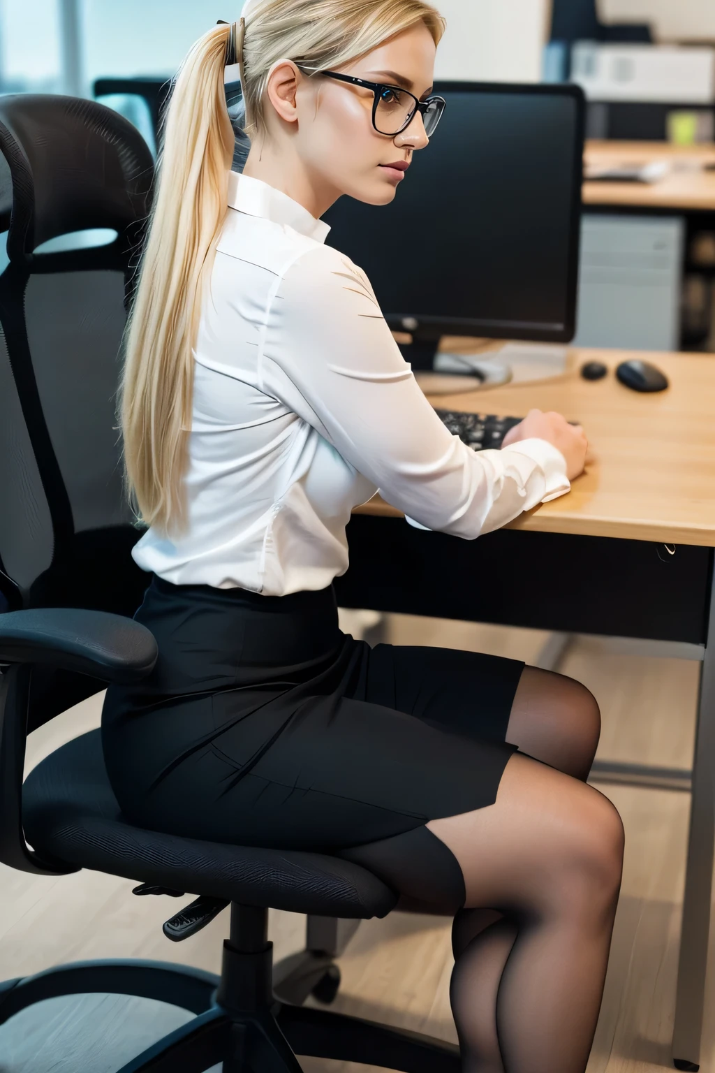high quality,16K:1.1),((, German Woman、sitting in an office chair, Blonde Hair,、Hairstyle ponytail、Glasses、(business suit、 Pencil Skirt)), tights, Curvy,(View your viewers:1.3),(Full Body Shot:1.2),(Background is Office 1.2),