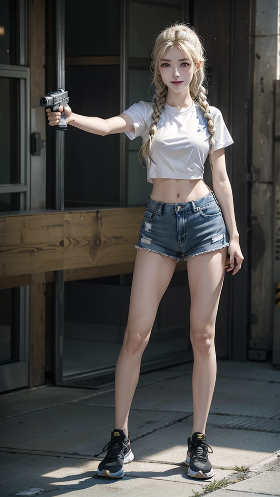 (8K,original photo,Top quality,masterpiece:1.2),(Realityism,Reality:1.37),Ultra Detailed,Ultra-high resolution,Battlefield ruins background,Many Bullet special effects around,Bullet special effects,Bullets are shooting,shooting,Bullet shooting,White short-sleeved shirt,Naked belly,Blue denim super shorts,Hourglass characters,Wear black tactical gloves,sports shoes,blond,blond,Girl with two braids,(((aiming at viewer,holding pistol,handgun))),,Smiling emoticon,Full body close-up,White skin,Extremely beautiful face,Dynamic Angle,Dynamic Lighting