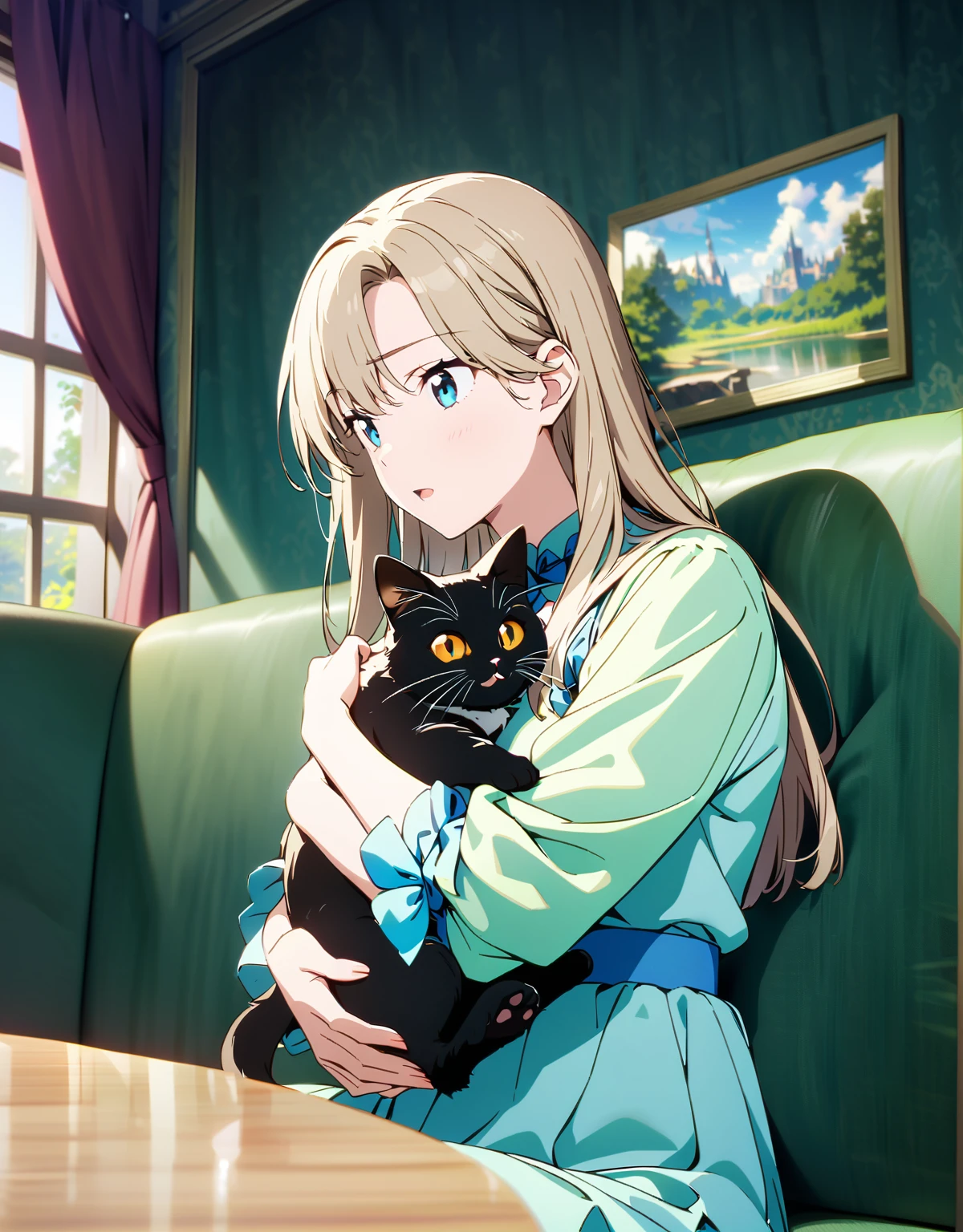 (超detailedなイラスト:1.2),Very delicate and beautiful,非常にdetailed,CG,Unity,8k wallpaper,wonderful,detailed,masterpiece,The best quality in the best condition,Official Art,非常にdetailed CG 8k Unbelievably ridiculous resolution,Beautiful and exquisite,High resolution,非常にdetailedな目と顔,Anime girl sitting on the sofa with a cat in her arms,