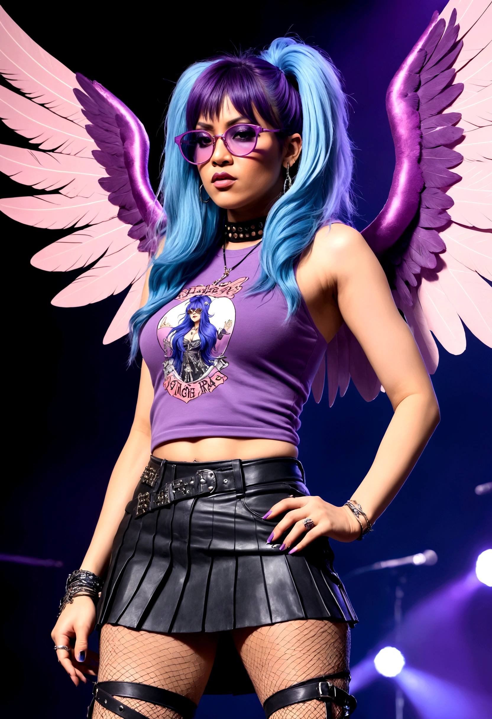  Ful edgy standing hand drawn portrait of WonderFae, fae with long blue and purple hair in feathered in rocker layers, 70s style purple glasses, dramatic rock n roll make up , large delicate purple pink blue ombré wings , pointy ears, anime, hatching , illustration, detail, stylistic , super rock esque with wearing a halter top half tshirt with the rock group name text “the quits” on it and leather low rise pleated skirt with fishnets and thigh high boots, the subject has some attitude, ona concert stage holding a microphone , as if she was going to sing

