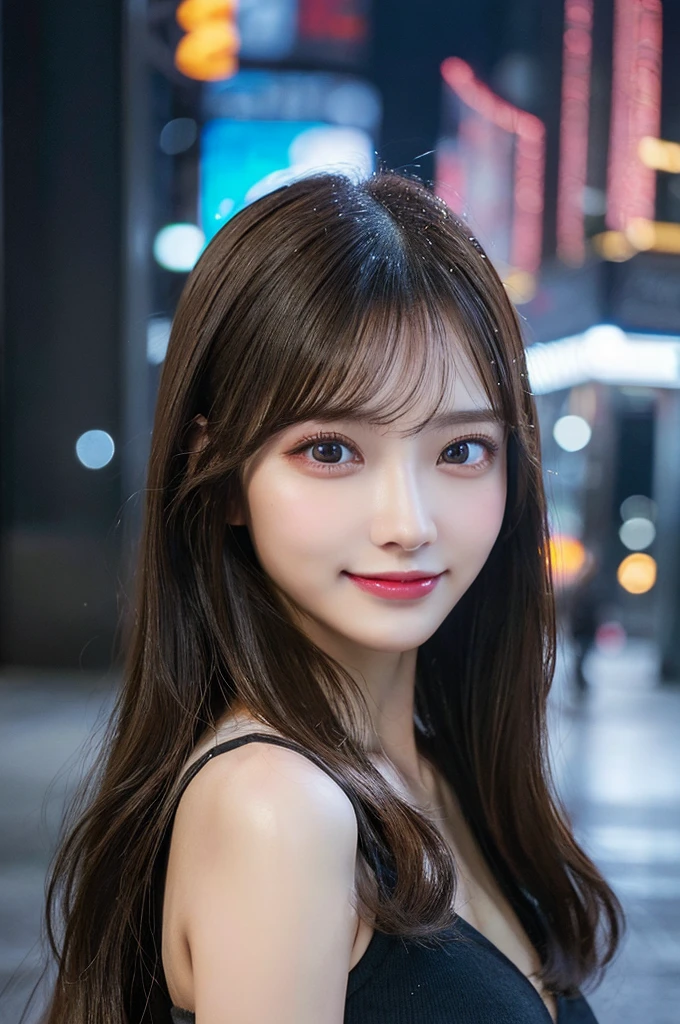 One girl, Wet day, window,Real Photo,night,Tabletop, Highest quality, shape, Very detailed, finely, High resolution, 8K壁紙, perfect dynamic composition shape, Beautiful and detailed, Small breasts, Natural color lip,Gentle smile,20-year-old girl、Beautifully Detailed face、Perfect and beautiful face,Big eyes、Beautifully Detailed face、Perfect and beautiful double eyelids、Blur the background、Slim face and figure、Straight hair、 (masterpiece, Highest quality, Very detailed, Detailed face, 8K)、Actual Photos（Best image quality）、smile、Cyberpunk Fashion