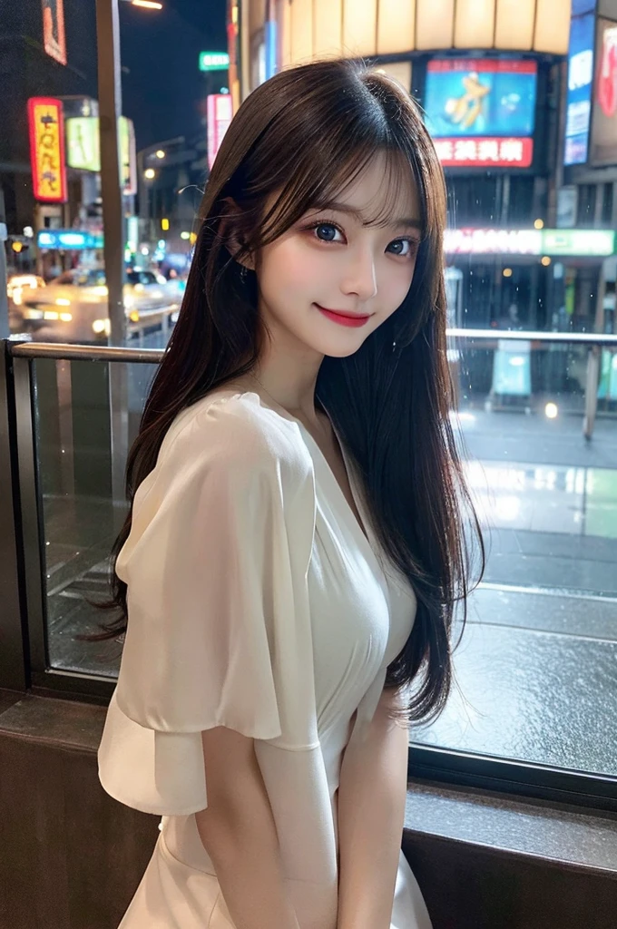 One girl, Wet day, window,Real Photo,night,Tabletop, Highest quality, shape, Very detailed, finely, High resolution, 8K壁紙, perfect dynamic composition shape, Beautiful and detailed, Small breasts, Natural color lip,Gentle smile,20-year-old girl、Beautifully Detailed face、Perfect and beautiful face,Big eyes、Beautifully Detailed face、Perfect and beautiful double eyelids、Blur the background、Slim face and figure、Straight hair、 (masterpiece, Highest quality, Very detailed, Detailed face, 8K)、Actual Photos(Best image quality)、smile、Cyberpunk Fashion