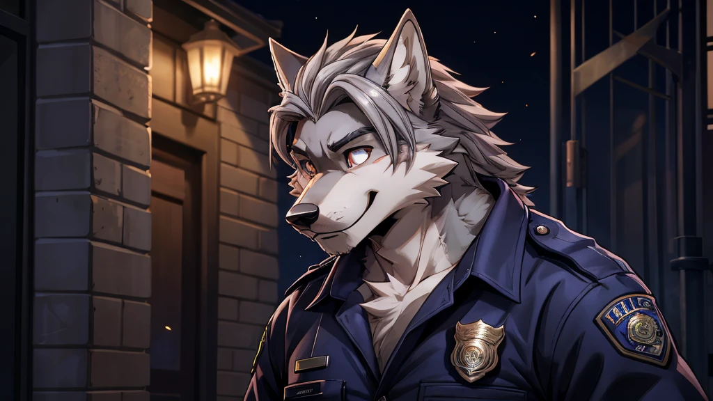 Gray haired werewolf,Standing,detail,happy,Cool,Grim,Exquisite,Excellent figure,The eyes are grim,眼睛detail的,Wolf with human features,Scarred,Police Officer,Middle parted hairstyle,Feature eyes,Clear-eyed,male,Tall and strong