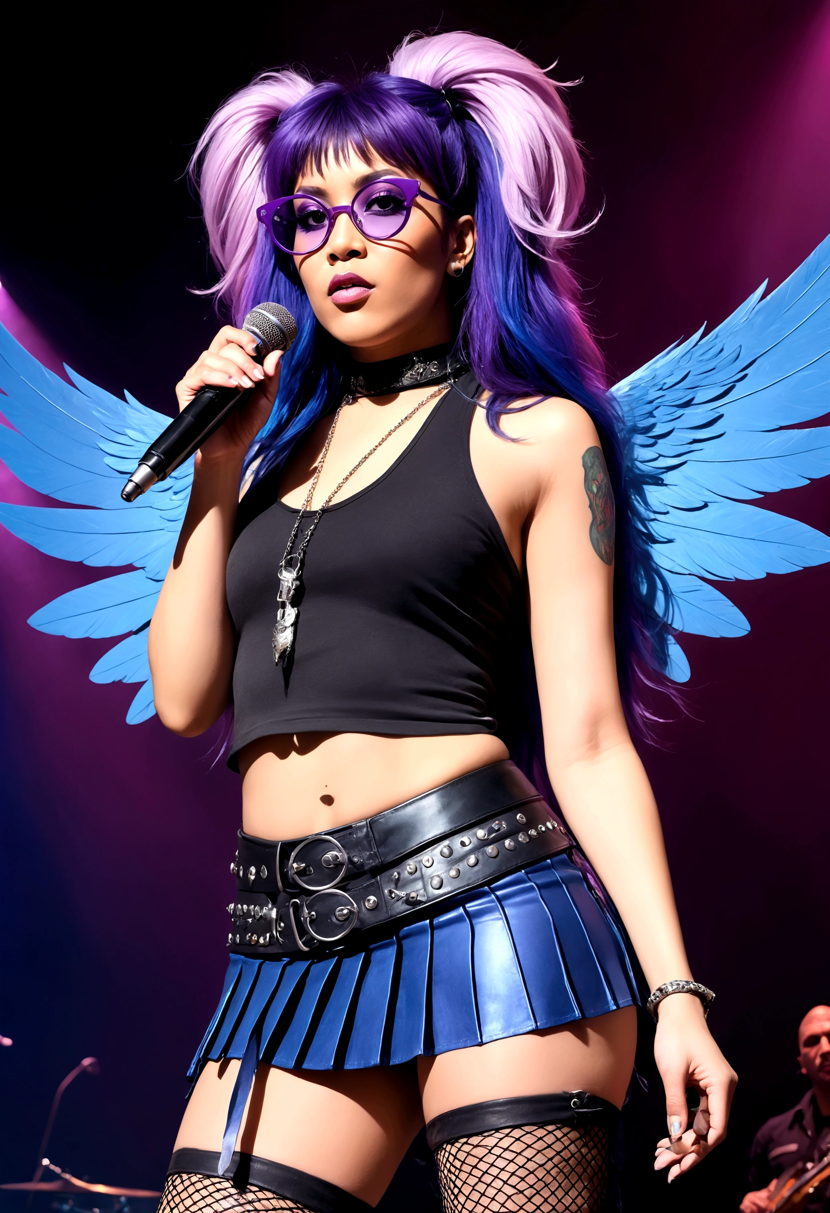 Ful edgy standing hand drawn portrait of WonderFae, fae with long blue and purple hair in feathered in rocker layers, 70s style purple glasses, dramatic rock n roll make up , large delicate purple pink blue ombré wings , pointy ears, anime, hatching , illustration, detail, stylistic , super rock esque with wearing a halter top half tshirt with the rock group name text “the quits” on it and leather low rise pleated skirt with fishnets and thigh high boots, the subject has some attitude, ona concert stage holding a microphone , as if she was going to sing