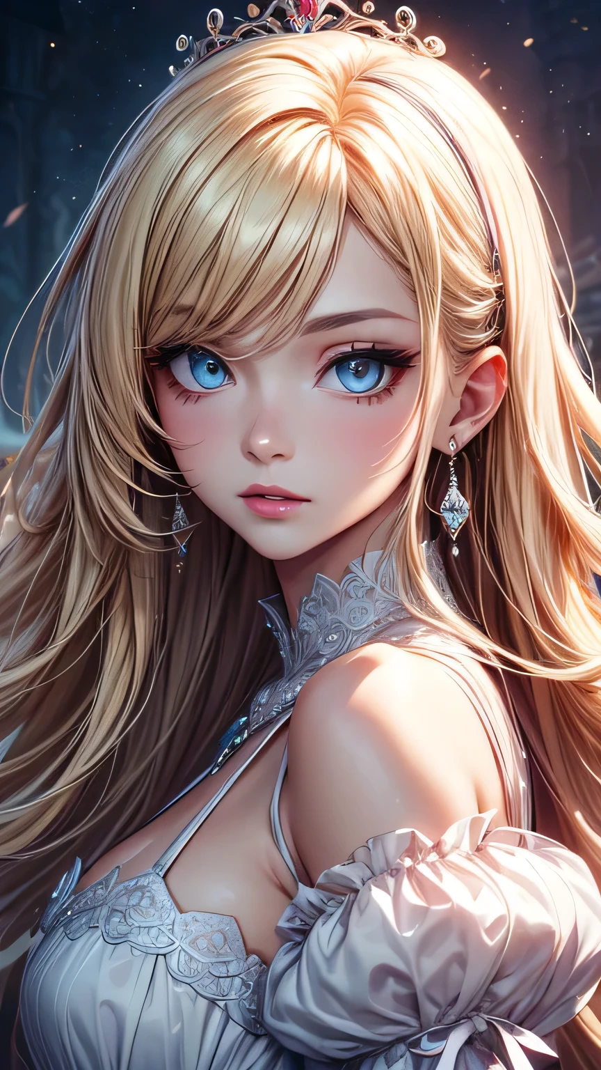 Woman in white dress, artwork in the style of Gwaiz, Gwaiz on pixiv artstation, Gwaiz on artstation pixiv, Gwaiz, Fantasy art style, Gwaiz masterpiece, (Very delicate and beautiful face), (Beautiful eyes in every detail), Beautiful and elegant queen, Beautiful character drawings, Detailed digital anime art, Blonde Princess, Sky blue eyes, Pink Lips