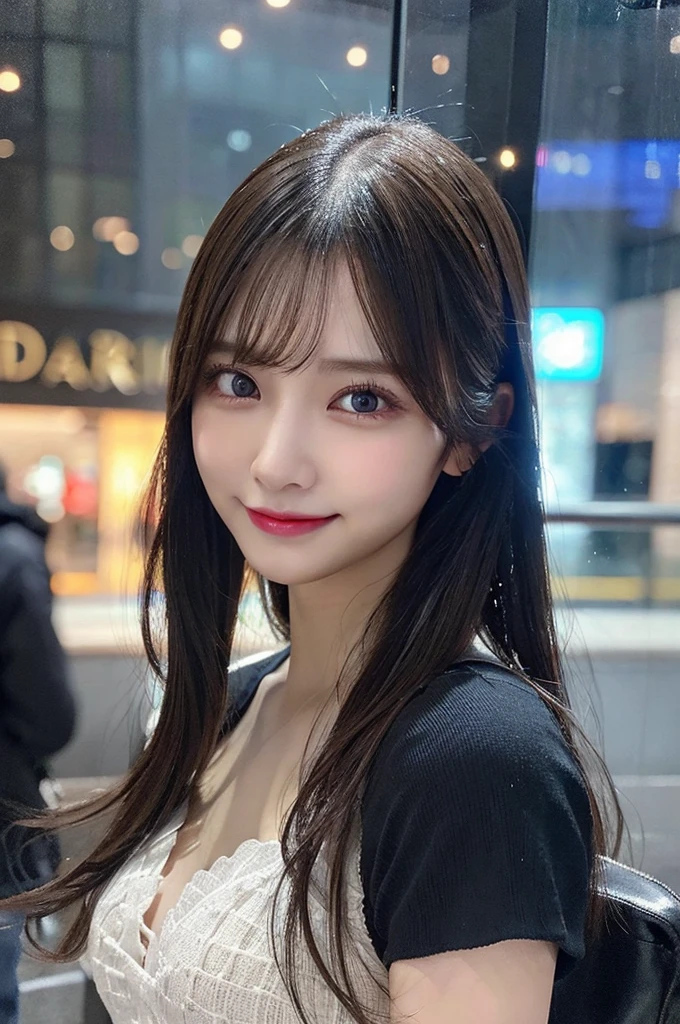 One girl, Wet day, window,Real Photo,night,Tabletop, Highest quality, shape, Very detailed, finely, High resolution, 8K壁紙, perfect dynamic composition shape, Beautiful and detailed, Small breasts, Natural color lip,Gentle smile,20-year-old girl、Beautifully Detailed face、Perfect and beautiful face,Big eyes、Beautifully Detailed face、Perfect and beautiful double eyelids、Blur the background、Slim face and figure、Straight hair、 (masterpiece, Highest quality, Very detailed, Detailed face, 8K)、Actual Photos（Best image quality）、smile、Cyberpunk Fashion