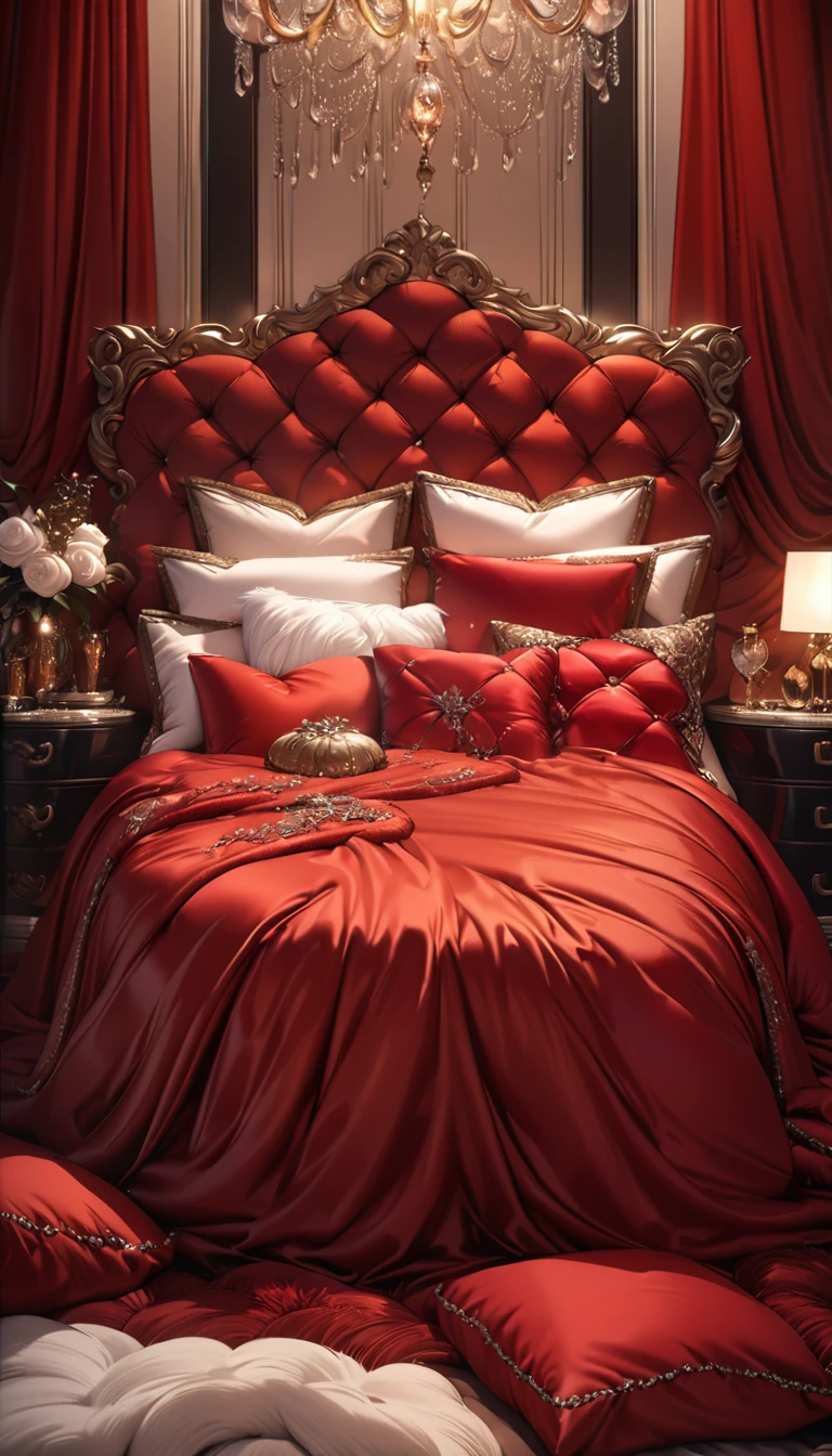 a fluffy red silk duvet, many large silk cushions, a luxurious and fluffy red silk bed, extremely detailed, high quality, 8k, best quality, photorealistic, studio lighting, lush, elegant, soft, delicate, rich, warm colors, serene, luxurious bedroom interior, plush, velvety, opulent, ornate, detailed silk textures, fine details, sumptuous, sophisticated, lavish, exquisite, opulent, refined, grandiose, magnificent