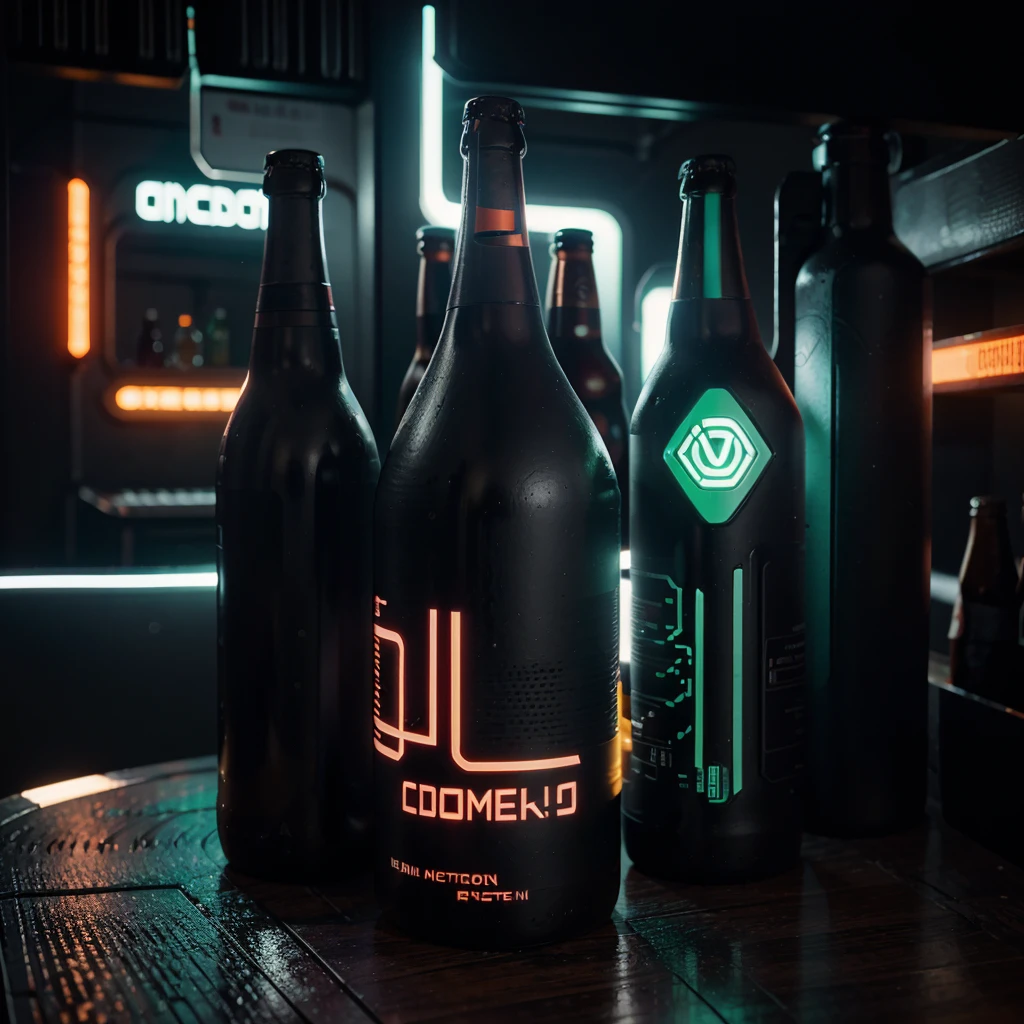 One bottle in the picture.A bottle of cyber beer presented in cyberpunk style, with characteristic elements: smooth, matte coating, decorated with bright neon luminous inserts. Design includes digital pixel patterns and abstract graphic elements, creating the effect of digital disruption and the future of the technological world. The main color of the bottle is deep purple, red, orange or green. This combination gives the product a unique cyberpunk style and modern look..
Bottle without label