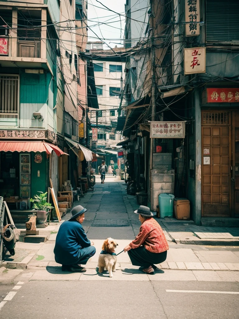 The background is expressed with a surrealistic Taiwanese old street.，前景用兩個老人One man and one woman在自己家裡面做自己的事，Looks very lonely，There is a dog in the middle playing with his toys，Such a scene can give people a profound sense of loneliness，At the same time, it also has a touch of nostalgia and warmth. The background is a surreal old street in Taiwan.，The buildings on both sides of the street retain their ancient features，But under the influence of surrealism，The shapes and colors of these buildings are a bit strange，For example, the colors are too bright、slightly distorted shape，Or there are some elements that are unrealistic.，Like a floating lantern or a curved street lamp。

There are two elderly people at home in the foreground，One man and one woman，The two of them sat opposite each other。The postures and expressions of the old people look very ，Maybe knitting、smoke、Or just sit quietly in a daze，But they look like they&#39;re living in their own worlds。

among them，There is a dog playing with its toys。The dog&#39;s posture is lively and attentive，In sharp contrast to the silent atmosphere around。The dog&#39;s presence seems to bring a touch of life and vitality to this slightly bleak scene，But it also strengthened the loneliness of the two elderly people.，Because they didn&#39;t participate in the dog&#39;s play。

This image can evoke the viewer&#39;s feelings about loneliness、Thoughts on the passage of time and relationships。