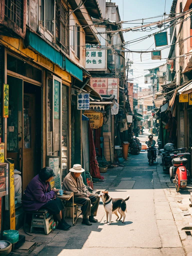 The background is expressed with a surrealistic Taiwanese old street.，前景用兩個老人One man and one woman在自己家裡面做自己的事，Looks very lonely，There is a dog in the middle playing with his toys，Such a scene can give people a profound sense of loneliness，At the same time, it also has a touch of nostalgia and warmth. The background is a surreal old street in Taiwan.，The buildings on both sides of the street retain their ancient features，But under the influence of surrealism，The shapes and colors of these buildings are a bit strange，For example, the colors are too bright、slightly distorted shape，Or there are some elements that are unrealistic.，Like a floating lantern or a curved street lamp。

There are two elderly people at home in the foreground，One man and one woman，The two of them sat opposite each other。The postures and expressions of the old people look very ，Maybe knitting、smoke、Or just sit quietly in a daze，But they look like they&#39;re living in their own worlds。

among them，There is a dog playing with its toys。The dog&#39;s posture is lively and attentive，In sharp contrast to the silent atmosphere around。The dog&#39;s presence seems to bring a touch of life and vitality to this slightly bleak scene，But it also strengthened the loneliness of the two elderly people.，Because they didn&#39;t participate in the dog&#39;s play。

This image can evoke the viewer&#39;s feelings about loneliness、Thoughts on the passage of time and relationships。