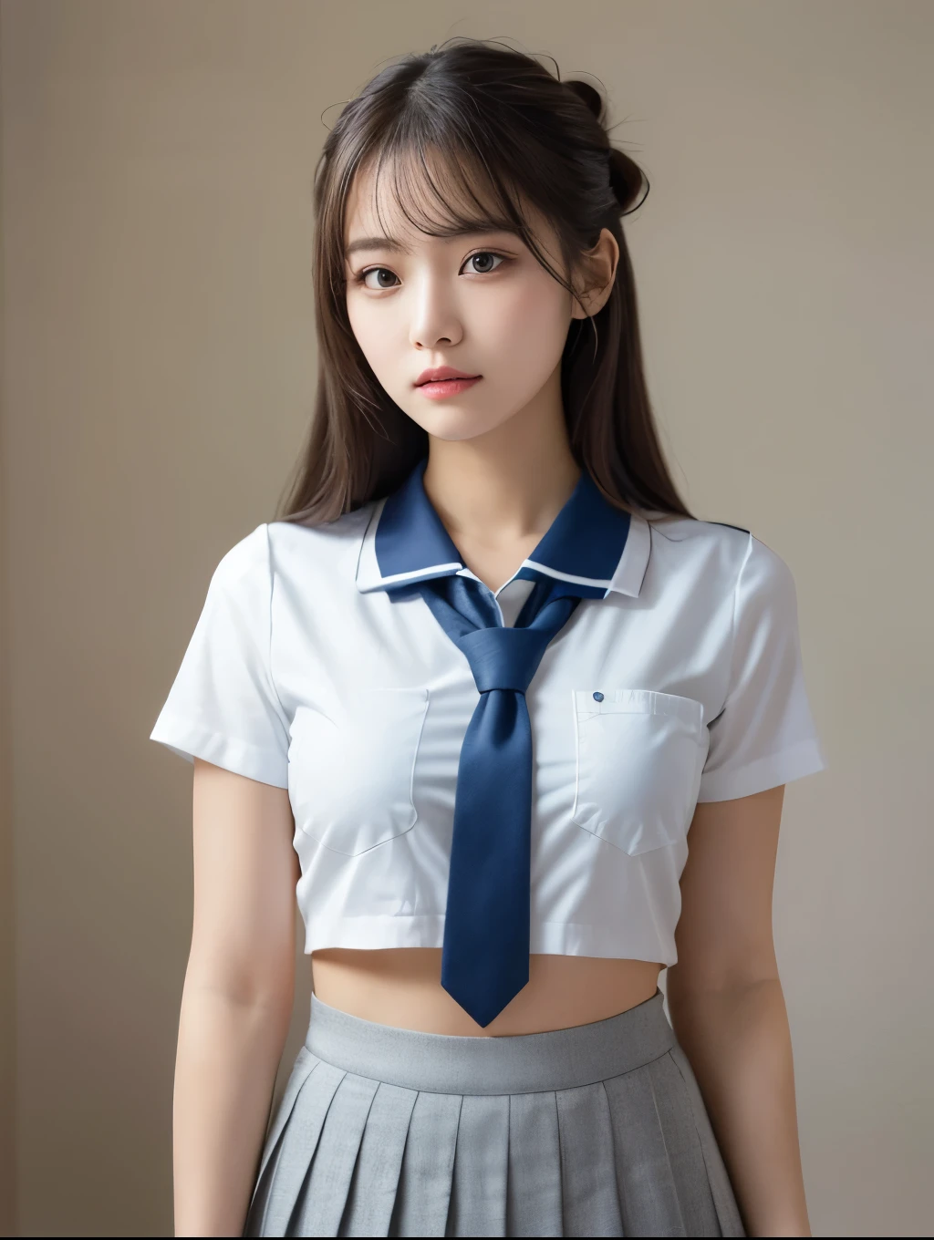 The image features a young woman standing against a plain, light background. She has long, straight dark hair styled into two buns on the top of her head, with some strands left loose framing her face. Her expression is neutral, with a slight hint of curiosity or attentiveness. She is wearing a short-sleeved, white, button-up shirt that is tied above her navel, revealing her midriff. The shirt has a single pocket on the left side, adorned with a navy blue tie that complements her attire. Below, she wears a light blue pleated skirt that falls mid-thigh, completing a school-uniform-inspired look. The lighting is soft and natural, coming from the left side, creating gentle shadows and highlighting the details of her outfit and facial features. The overall atmosphere is calm and minimalistic, focusing on the subject with no distracting elements in the background.
