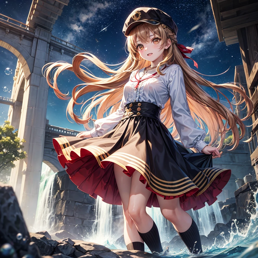 Red, brown, gold, gold hair、Golden Eyes、Hair tied up、One good looking girl、solo、anime、Checkered mini skirt、Ruffles on the skirt、Checked dress、blouse、school uniform、Black knee-high socks、Wearing a baseball cap、Ribbon、Ribbon on waist、Teeth are visible、Silver coin necklace、From above、Cobblestones、waterfall、Starry Sky、Midnight Moon、suspension bridge、Soap bubbles are flying、beam、ripple、Rocks floating in water、Crab walking、Standing still、Eight Towers