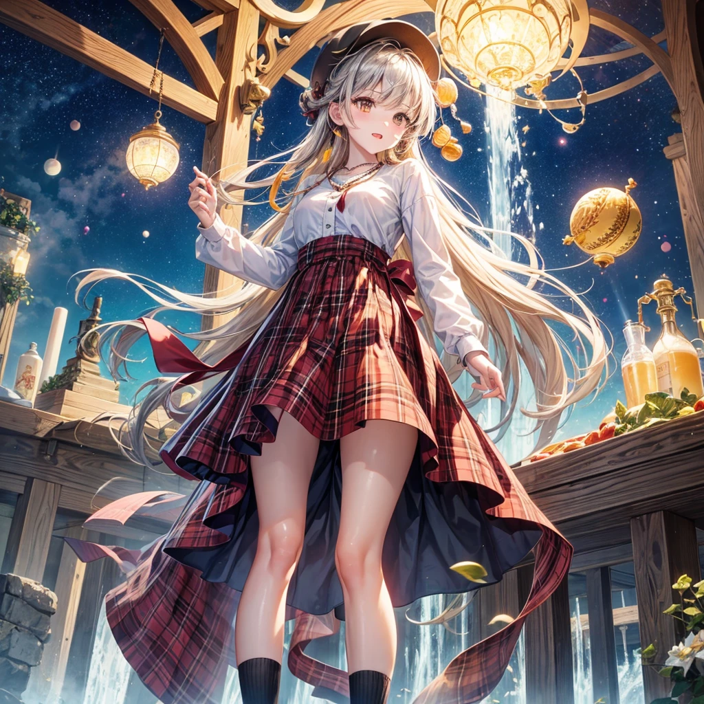 Red, brown, gold, gold hair、Golden Eyes、Hair tied up、One good looking girl、solo、anime、Checkered mini skirt、Ruffles on the skirt、Checked dress、blouse、school uniform、Black knee-high socks、Wearing a baseball cap、Ribbon、Ribbon on waist、Teeth are visible、Silver coin necklace、From above、Cobblestones、waterfall、Starry Sky、Midnight Moon、suspension bridge、Soap bubbles are flying、beam、ripple、Rocks floating in water、Crab walking、Standing still、Eight Towers