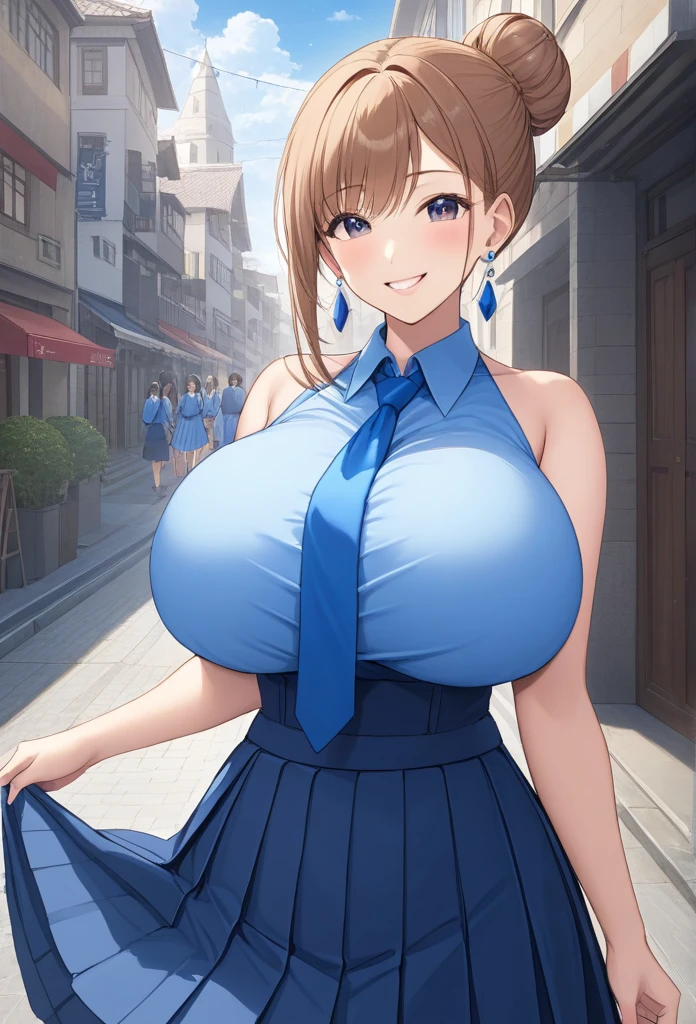 masterpiece, best quality, high resolution, Thanks, Wide, cone hair bun, earrings, Large Breasts, Neckline, Blue shirt, Blue tie, Shoulder cutouts, Pleated Skirt, Blue Skirt, permanent, Cowboy shooting, Smile, street