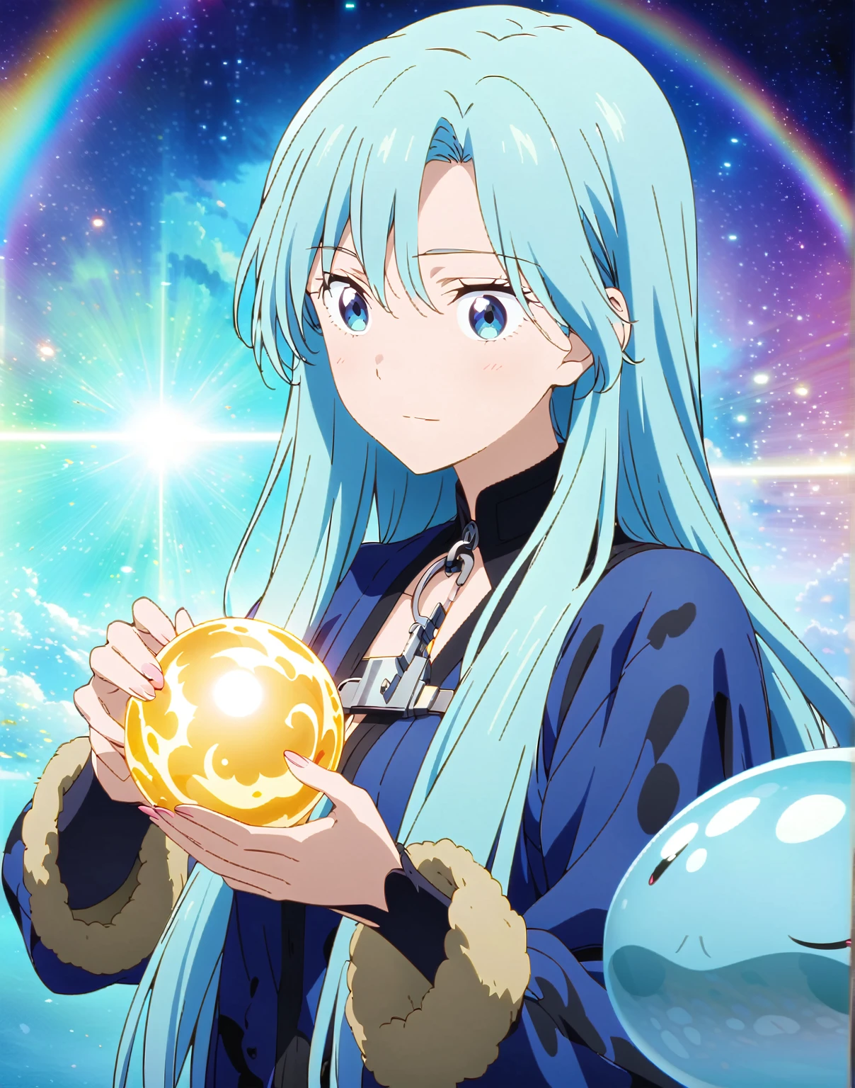 (超detailedなイラスト:1.2),Very delicate and beautiful,非常にdetailed,CG,Unity,8k wallpaper,wonderful,detailed,masterpiece,The best quality in the best condition,Official Art,非常にdetailed CG 8k Unbelievably ridiculous resolution,Beautiful and exquisite,High resolution,非常にdetailedな目と顔,Blue haired anime character holding a glowing ball in front of a rainbow, Key Anime Art, Official Anime Artwork, tensei shitara slime datta ken, detailed Key Anime Art, Anime girl with space-like hair, rimuru tempest, Rimuru Tempest profile shot, Anime key visual, Portrait of a girl in the Knights of the Zodiac, Reincarnated as a Slime