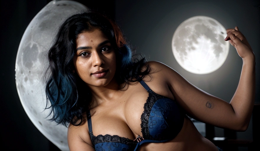 Mallu, curly hair, in skirt, indian curvy figure woman in bra and panty , city life, richest woman, (Kerala, mallu), indian, editorial photograph of a 30 year old woman), (highly detailed face:1.4) (smile:0.7) (background inside dark, moody, private study:1.3) POV, by lee jeffries, nikon d850, film stock photograph ,4 kodak portra 400 ,camera f1.6 lens ,rich colors, hyper realistic ,lifelike texture, dramatic lighting , cinestill 800, wavy hair, messy hair, short hair, mischievous smile, blue hair, freckles, white skin, blue eyes, bodybuilder, thelema, scarlet woman, greek goddess, goddess of night, goddess of magic, astral plane, witchcraft, babalon, Lilith, Pombagira, red full moon, blue jacket