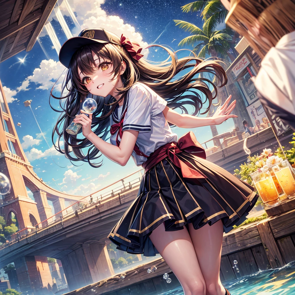 Red, brown, gold, gold hair、Golden Eyes、Hair tied up、One good looking girl、solo、anime、Checkered mini skirt、Ruffles on the skirt、Checked dress、blouse、school uniform、Black knee-high socks、Wearing a baseball cap、Ribbon、Ribbon on waist、Teeth are visible、Silver coin necklace、From above、Cobblestones、waterfall、Starry Sky、Midnight Moon、suspension bridge、Soap bubbles are flying、beam、ripple、Rocks floating in water、Crab walking、Standing still、Eight Towers、Palm Tree