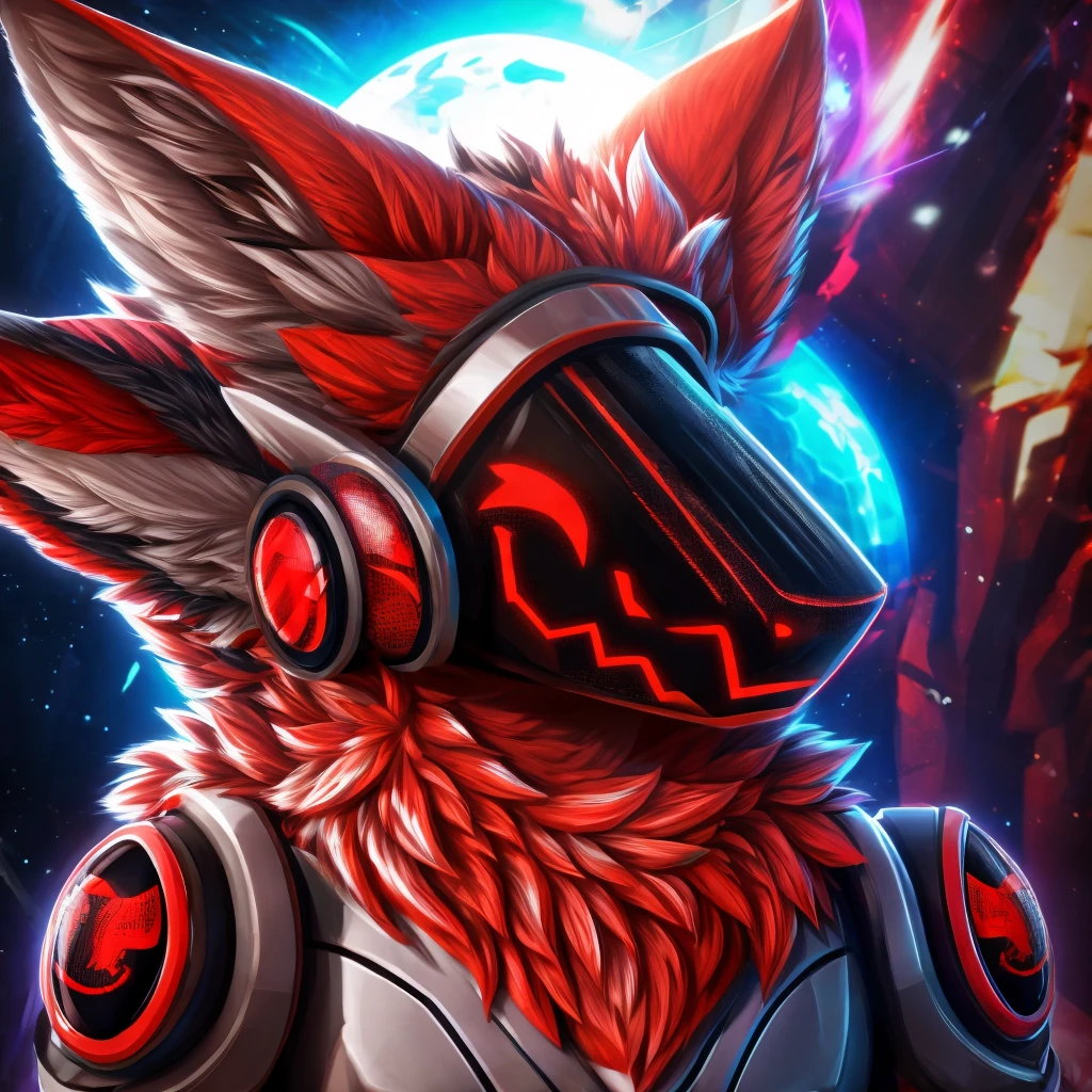 a red-black protogen, extremely detailed protogen face with visor, furry male, intricate robotic details, highly detailed, dramatic shadows, vibrant colors, 8K resolution, happy face, cute, two ears, two eyes
