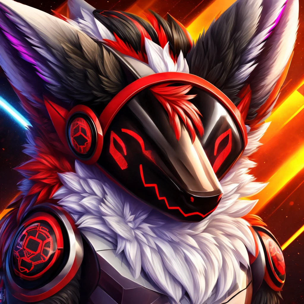 a red-black protogen, extremely detailed protogen face with visor, furry male, intricate robotic details, highly detailed, dramatic shadows, vibrant colors, 8K resolution, happy face, cute, two ears, two eyes