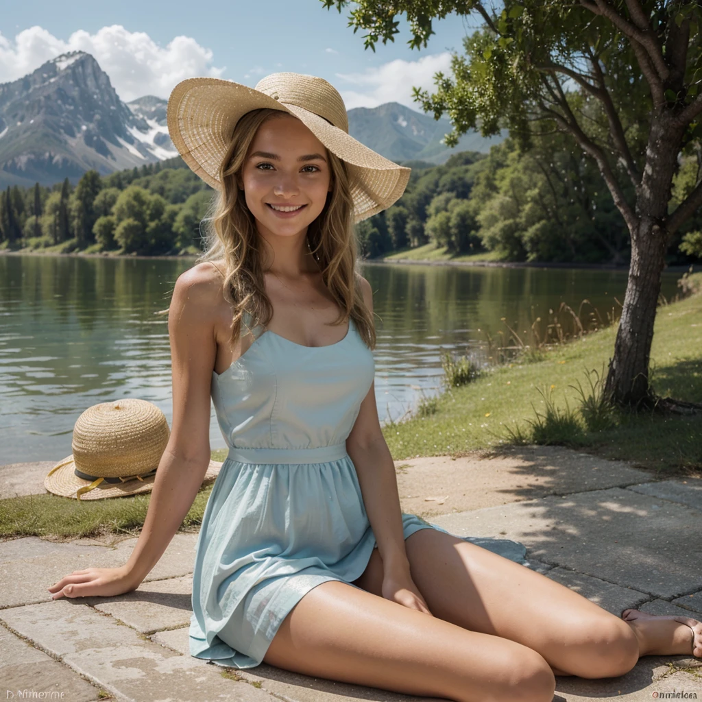 Belle blonde assise sur une couverture à carreaux près d'un lac scintillant, entourée de paniers de pique-nique remplis de délices. She is wearing a light dress and a sun hat. Léa holds a glass of lemonade and smiles at the camera, a light breeze playing with her hair. The mountains in the background and the calm of the water create an idyllic and peaceful scene.), very detailed, 21 ans, visage innocent, natural wavy hair, blue eye, high resolution, masterpiece, best quality, intricate details, very detailed, sharpness, detailed skin, realistic skin texture, texture, detailed eyes, professionnel, 4K, charming smile, shot with Canon, 85mm, shallow depth of field, Kodak Vision Color, corps parfaitement ajusté, extremely detailed, Photo_(ultra), photorealistic, realistic, post-traitement, Maximum details, roughness, real life, ultra realistic, photorealism, la photographie, 8k uh, la photographie.