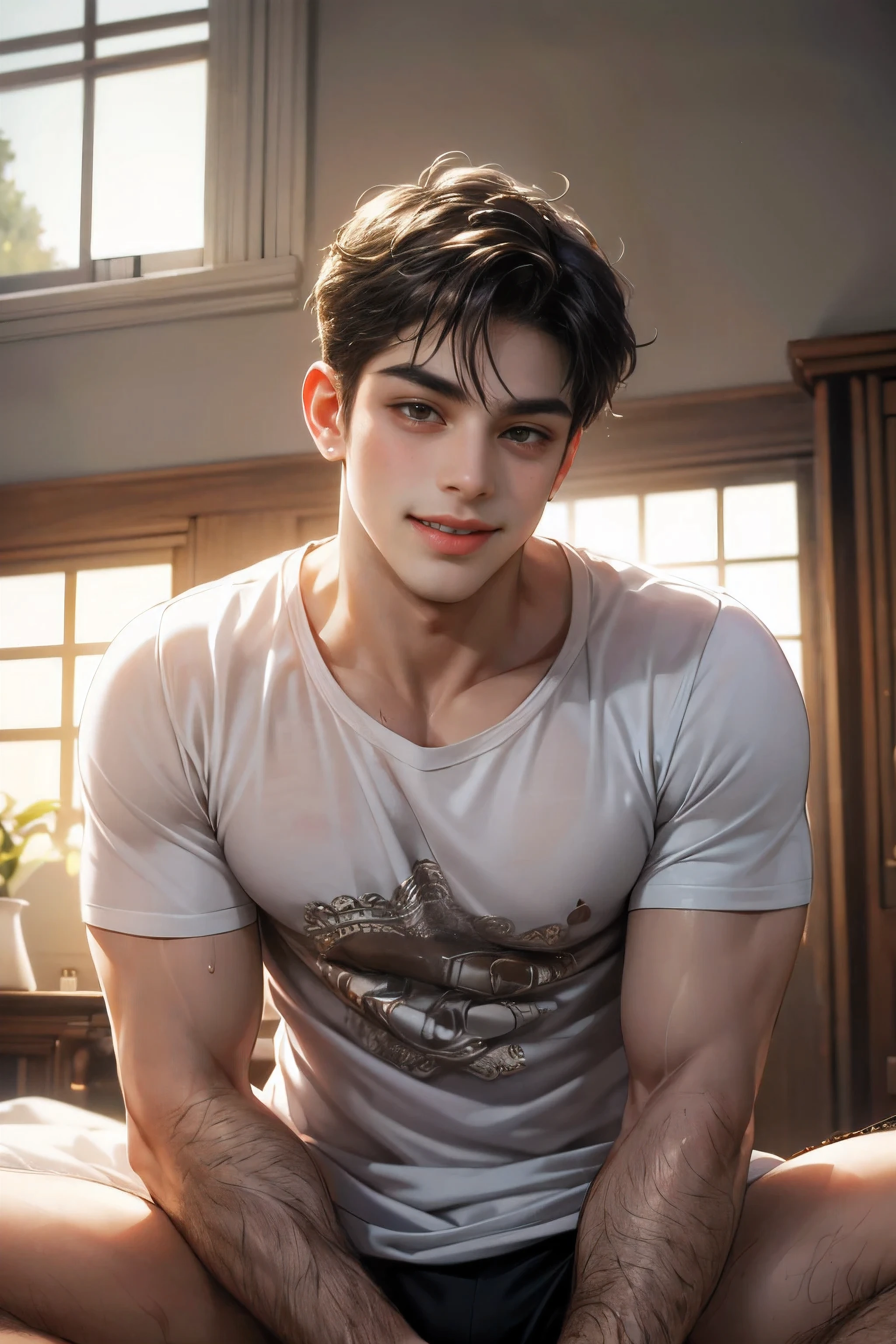 nsfw, penis, glans, testicles, laying on back, legs spread, briefs, male masturbation :1.2, cumshot, male orgasm, excessive cum,(Absurdres, intricate details, masterpiece, best quality, high resolution, 8k),(25 year old boy, indian),(modern bedroom:1.2),(pleased, pleasure face , blush, horny smirk, stubble),saggy t-shirt,bottomless,intricate details,detailed face,volumetric lighting,pov,