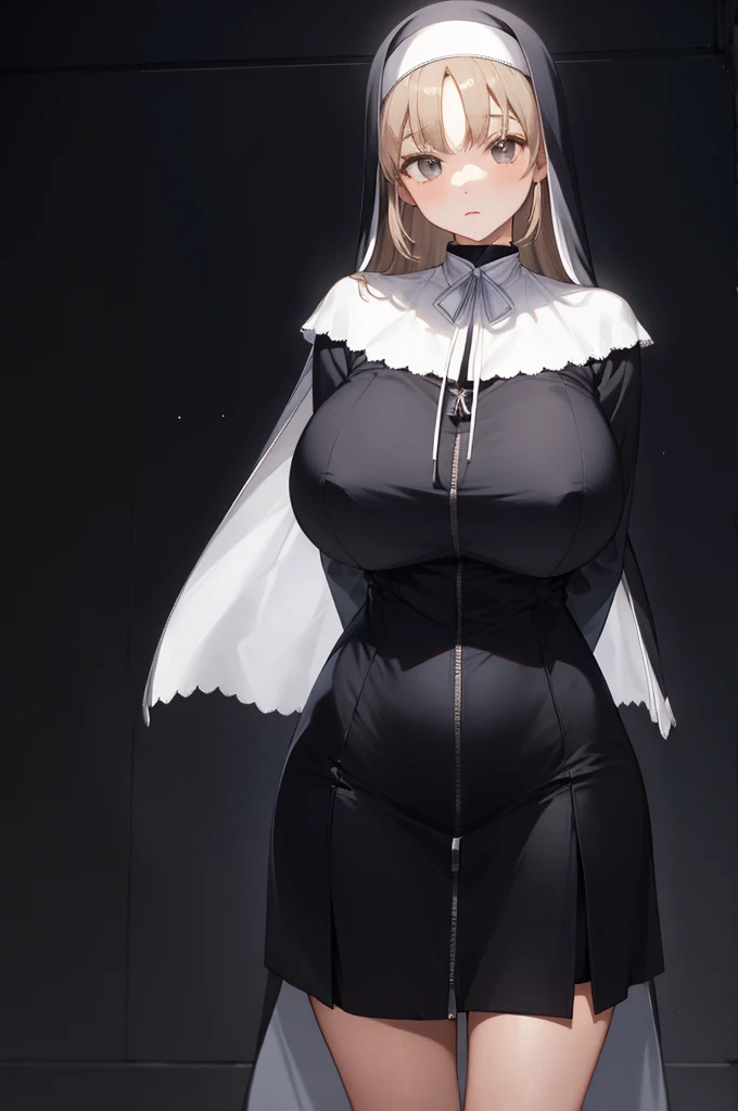 aasister, long hair, nun, habit, white capelet, neck ribbon, (black dress,short dress:1.2), long sleeves, white gloves, full-length zipper,(((huge breasts))),expressionless,,arms behind back,,erect nipple,(((dark room))),church,looking viewer,thigh