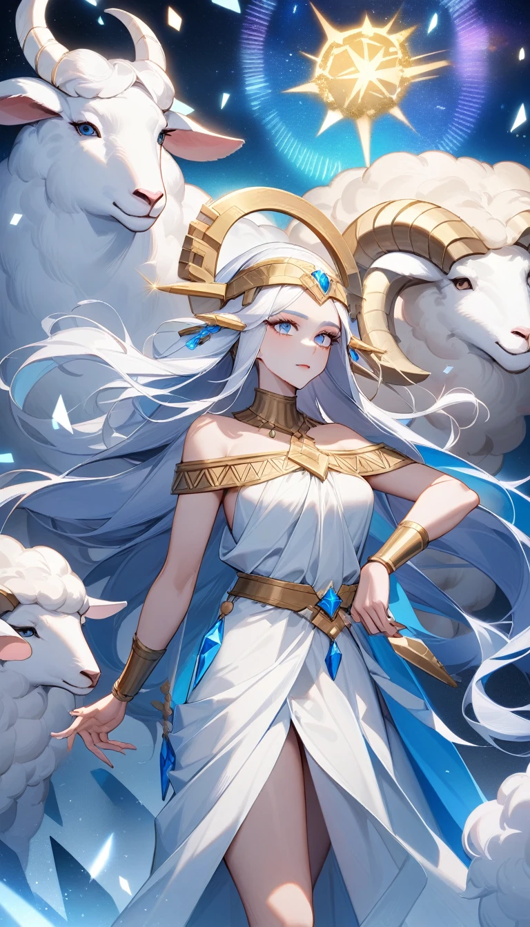 （Huang Li、high quality、Extremely detailed），Zodiac sign- Aries goddess，Giant white sheep，Woman stroking Aries，Similar to Latin goodness，brave，capricious，Productivity，The face of enterprising and humanitarianism，White long hair，Ancient Greek costumes、Wrap Dress，The background is the universe，Crystal blue eyes（Eyes Details），Powerful appearance