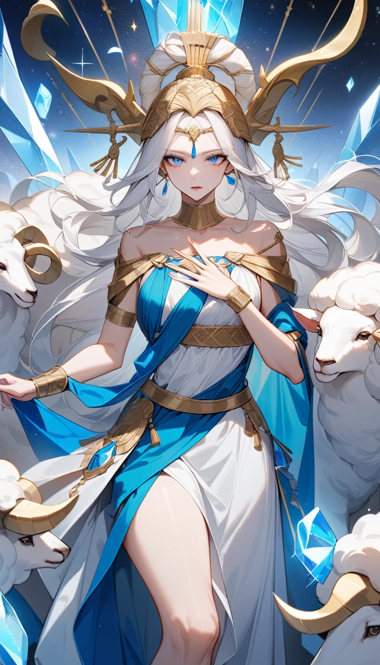 (Huang Li、high quality、Extremely detailed),Zodiac sign- Aries goddess,Giant white sheep,Woman stroking Aries,Similar to Latin goodness,brave,capricious,Productivity,The face of enterprising and humanitarianism,White long hair,Ancient Greek costumes、Wrap Dress,The background is the universe,Crystal blue eyes(Eyes Details),Powerful appearance