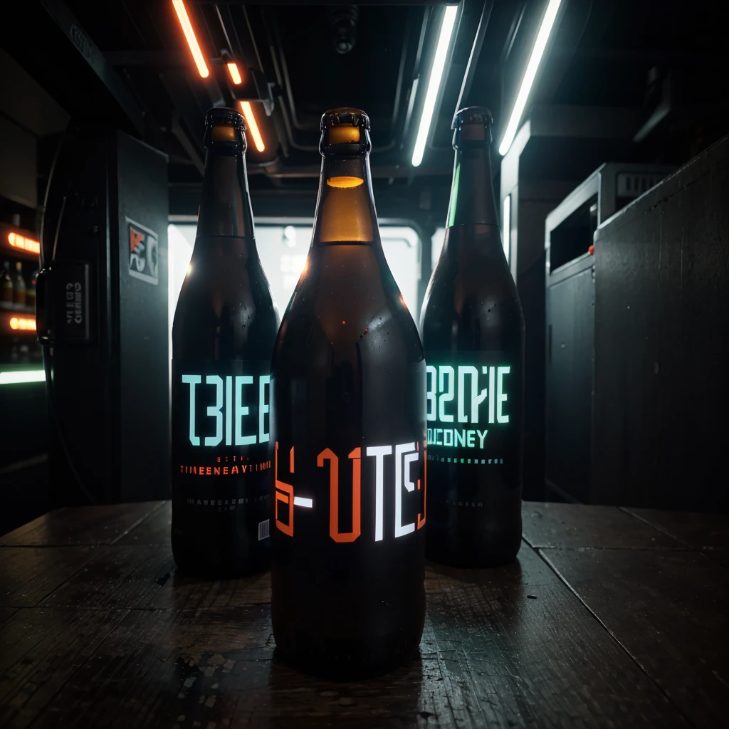 One bottle in the picture.A bottle of cyber beer presented in cyberpunk style, with characteristic elements: smooth, matte coating, decorated with bright neon luminous inserts. Design includes digital pixel patterns and abstract graphic elements, creating the effect of digital disruption and the future of the technological world. The main color of the bottle is deep purple, red, orange or green. This combination gives the product a unique cyberpunk style and modern look..
Bottle without label