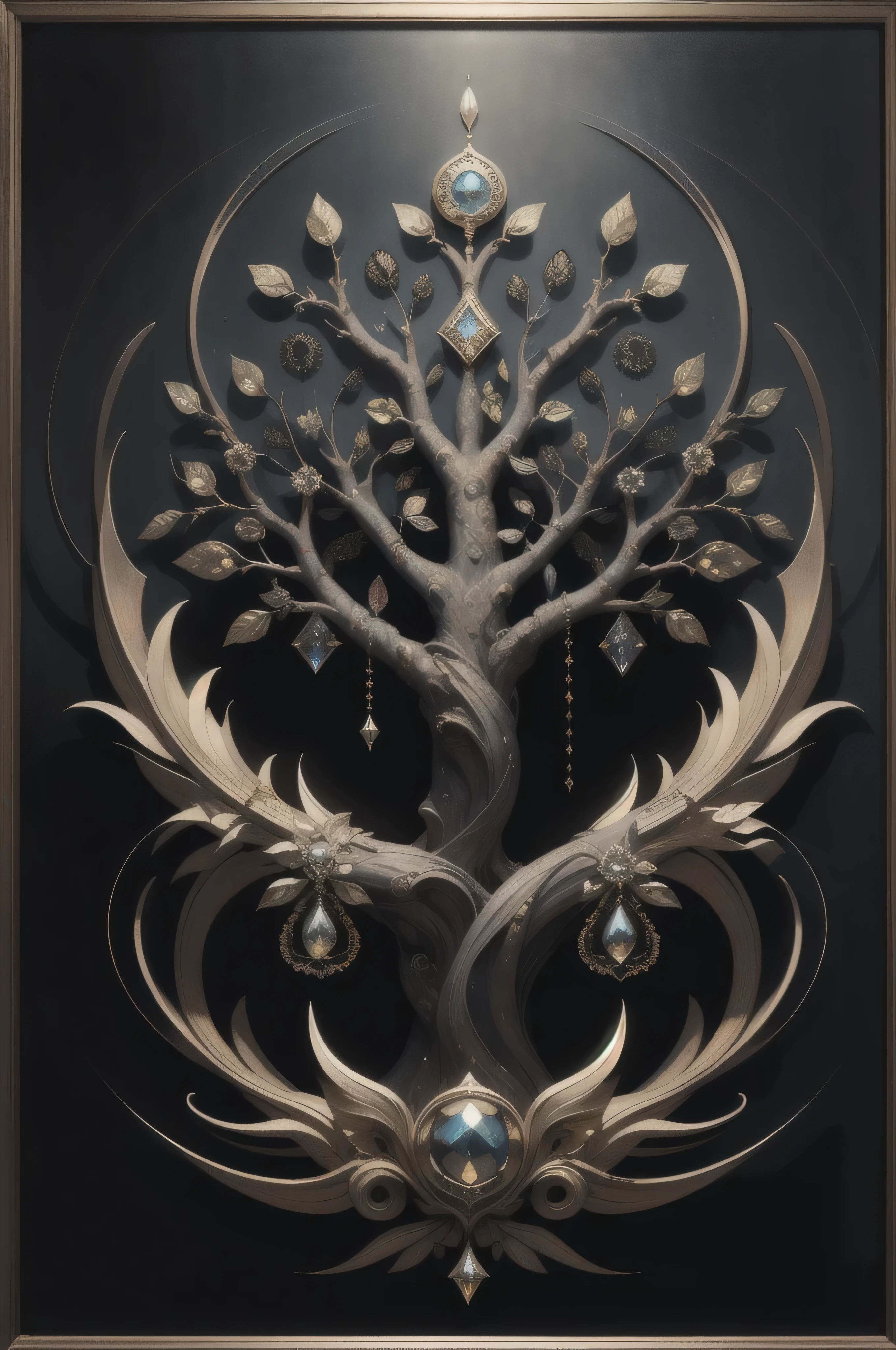 Nordic tree-shaped solitaire,Flat style, abstract artistic,Graphic design,symmetry, Math, Renaissance, Oil painting, 2D canvas, highly detailed, complex, Classic paint, Black monochrome, crystals, opulent, lap, gothic ornament, Graphic design